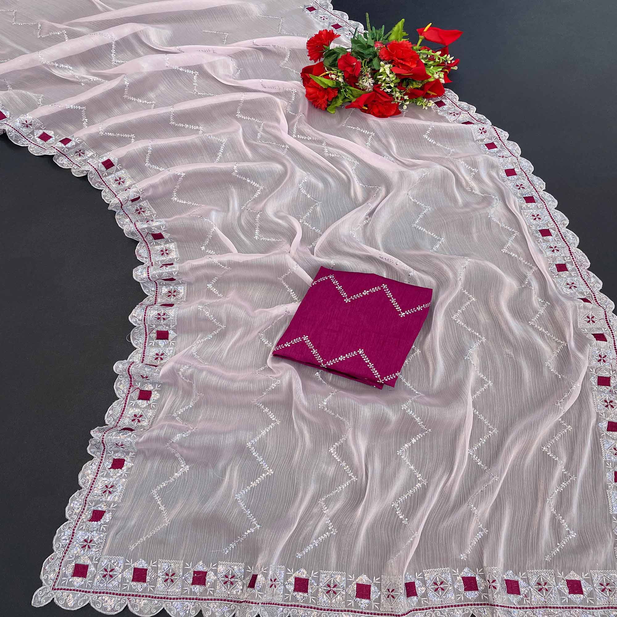Peachmode Light Pink Sequins Embroidered Chiffon Saree