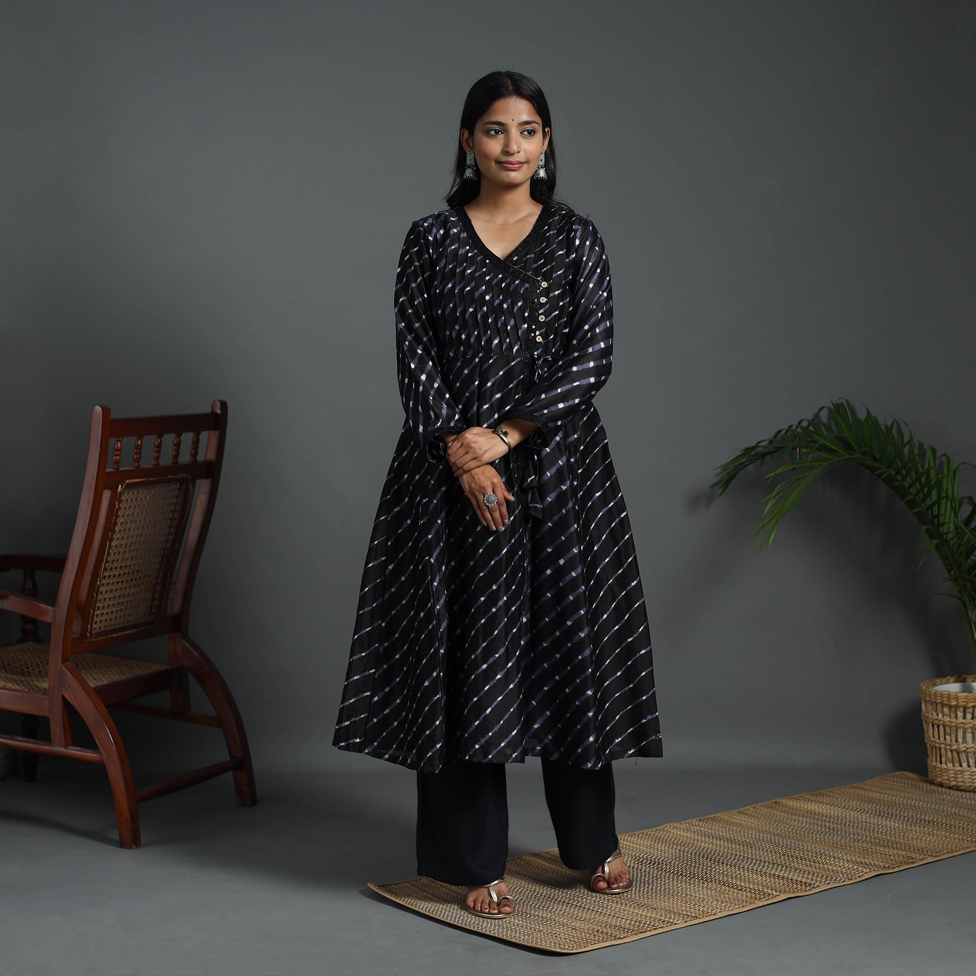 ITOKRI CASUALS Black - Angrakha Handloom Chanderi Silk Tie-Dye Leheriya Kurta 02 - view 7