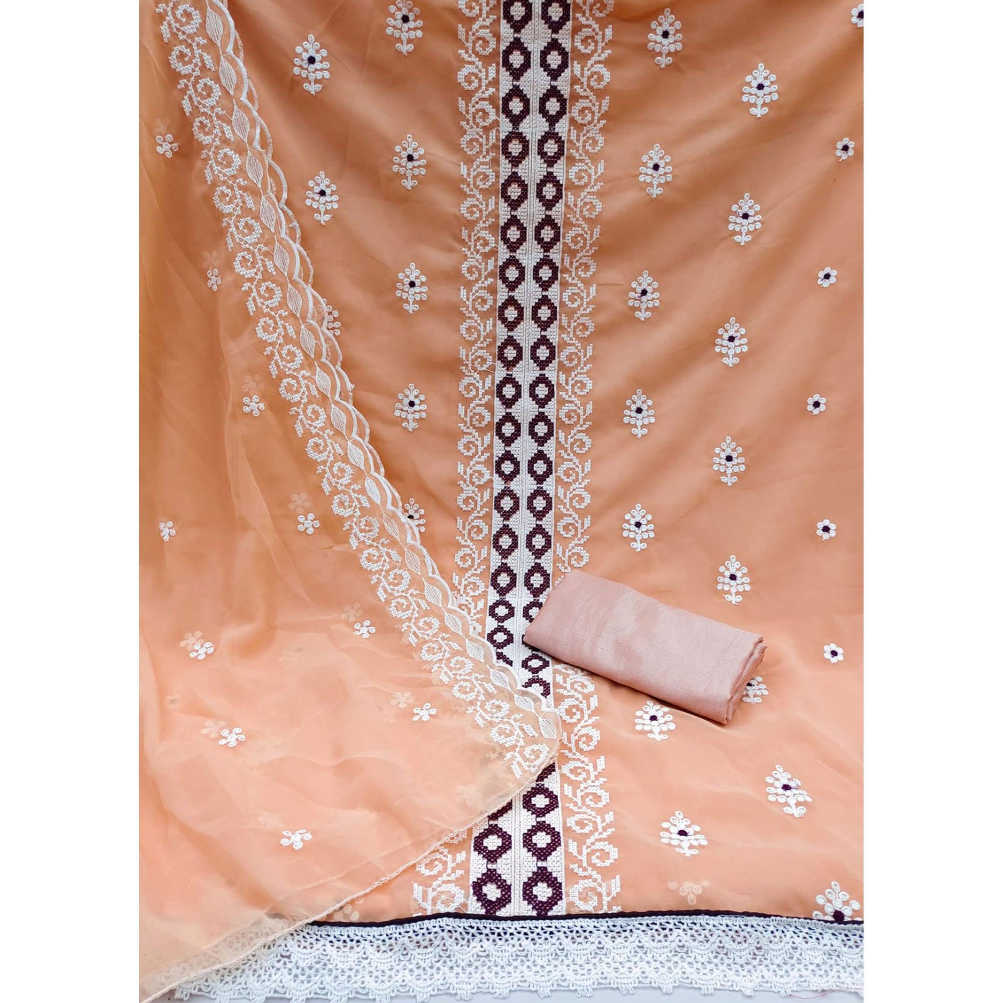 Peachmode Light Orange Embroidered Georgette Dress Material - view 3