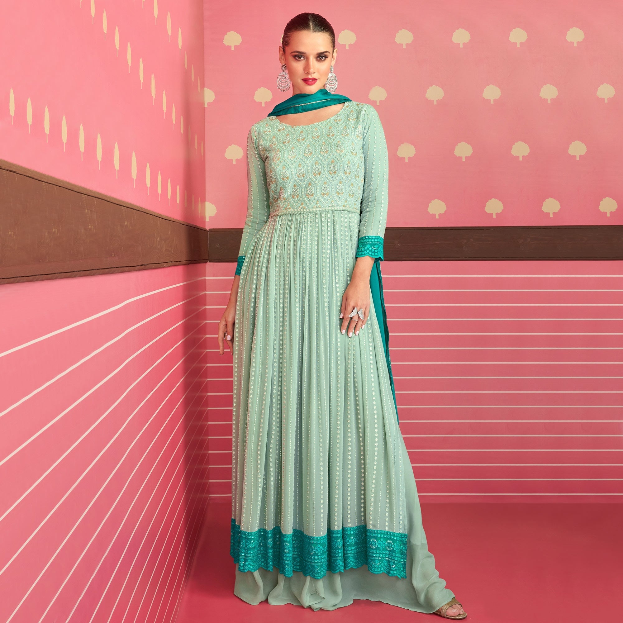 Peachmode Seller Light Green Sequins Embroidered Georgette Naira Cut Sharara Suit - view 2