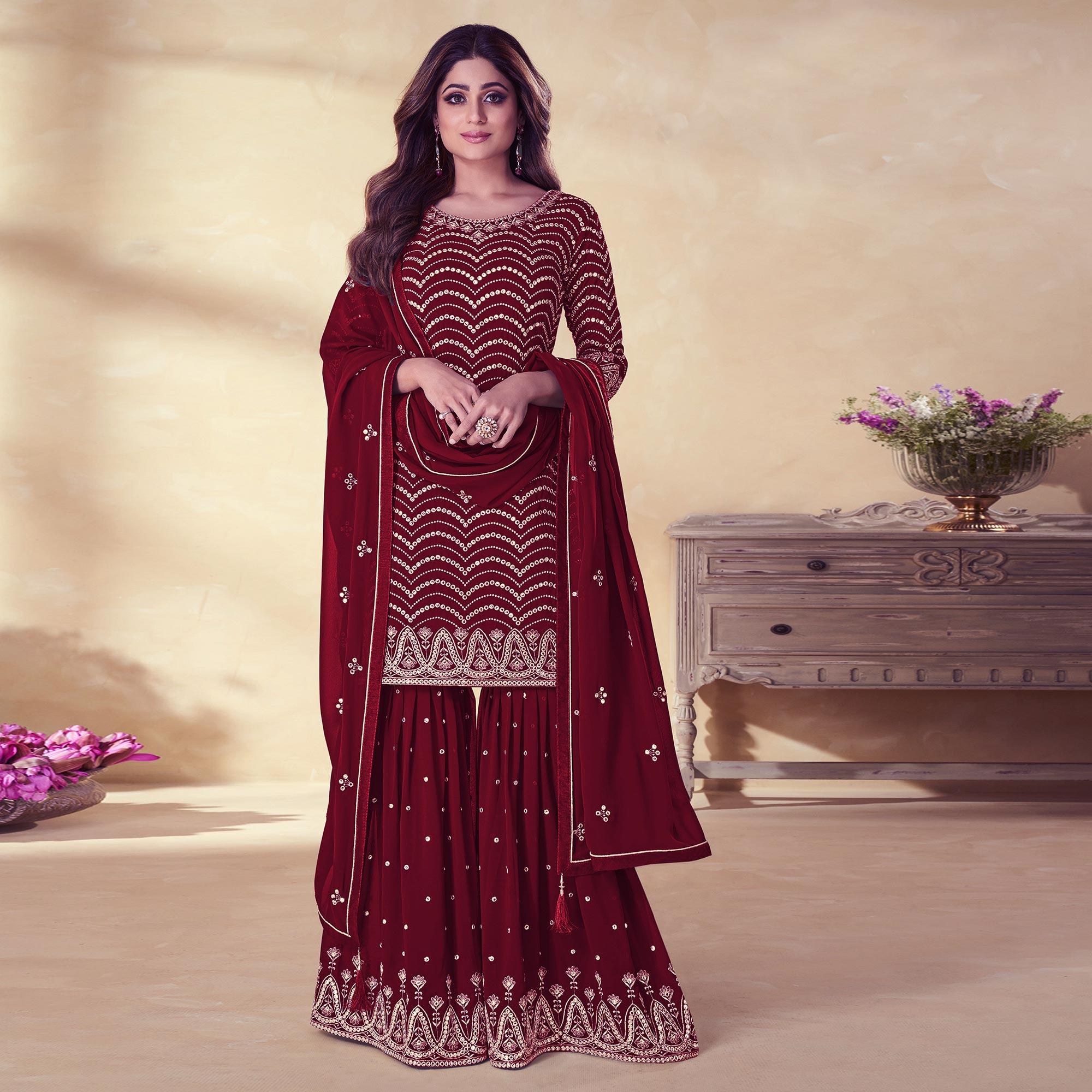 Peachmode Maroon Embroidered Georgette Sharara Suit - view 2