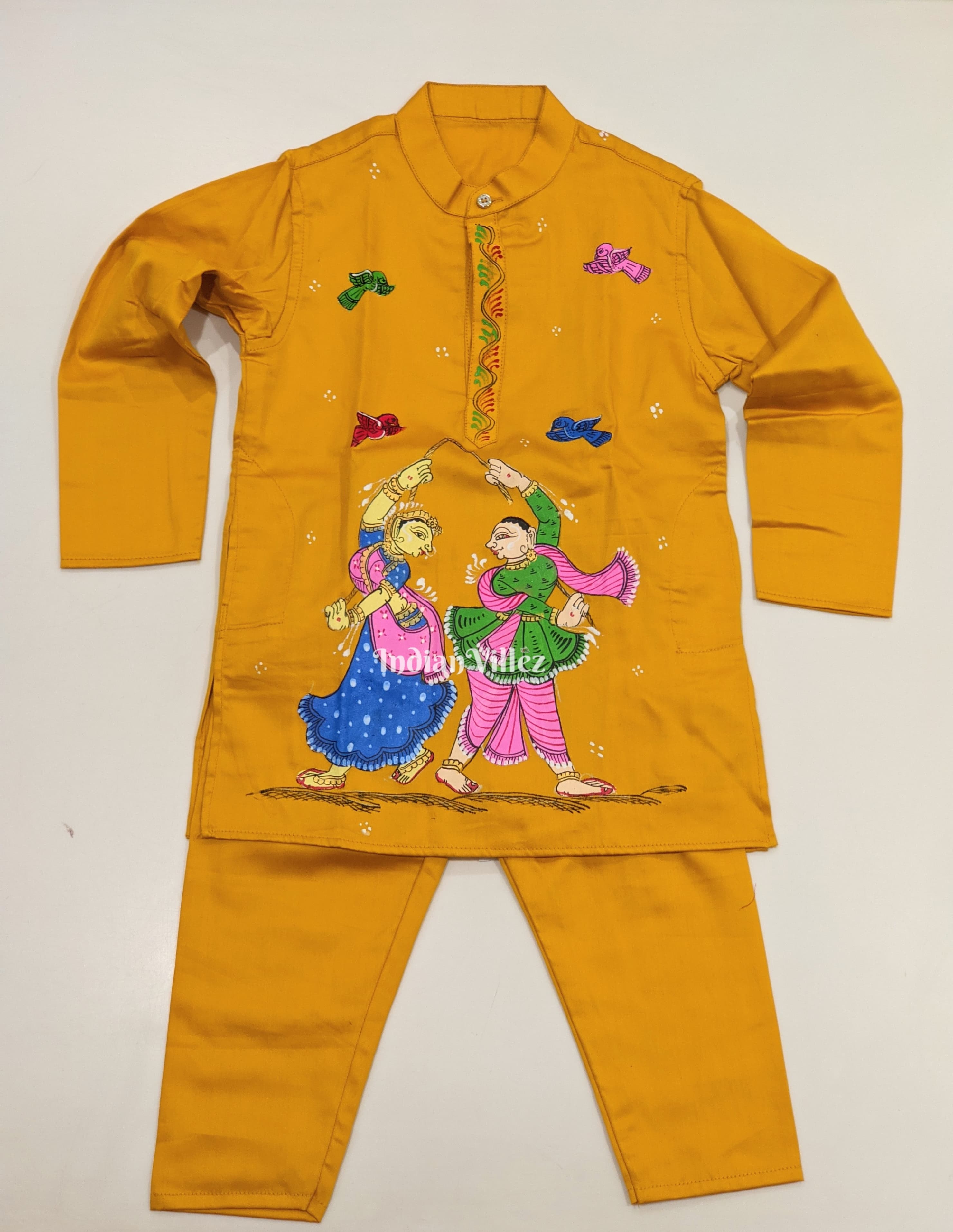 IndianVillèz Yellow Boys Nartaki Theme Pattachitra Kids Kurta & Pyjama Set