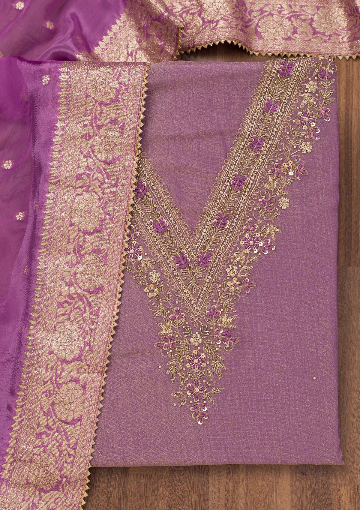 Koskii Purple Zariwork Raw Silk Unstitched Salwar Suit - view 5