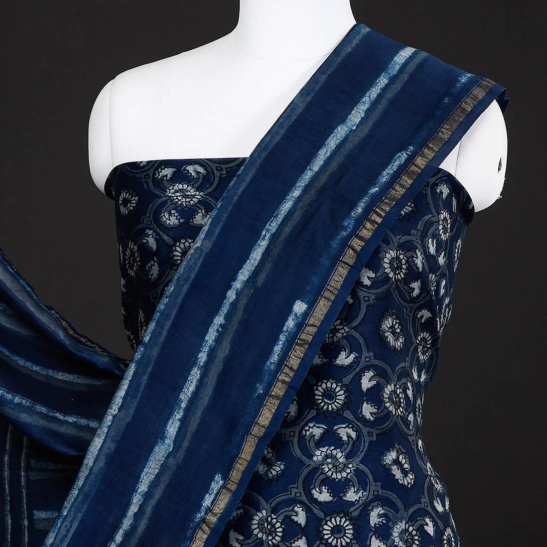 HAVELI CHRONICLES Blue - 3pc Akola Block Printed Chanderi Silk Suit Material Set - view 3