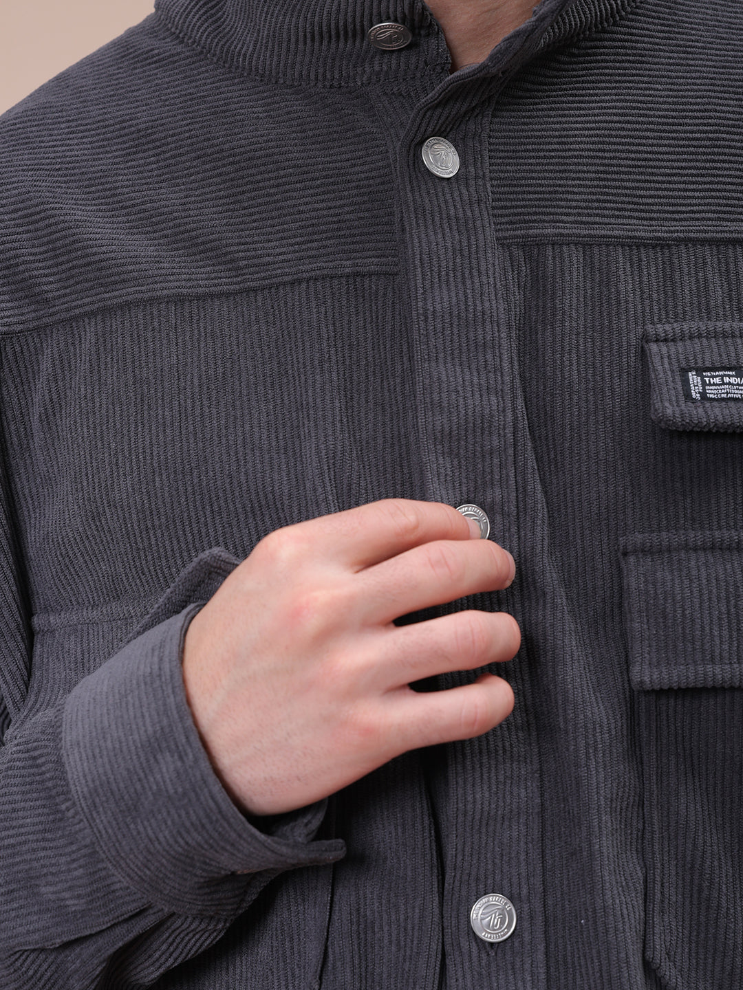 The Indian Garage Co Men's Grey Relaxed Fit Knitted Corduroy Utility Jacket - view 6