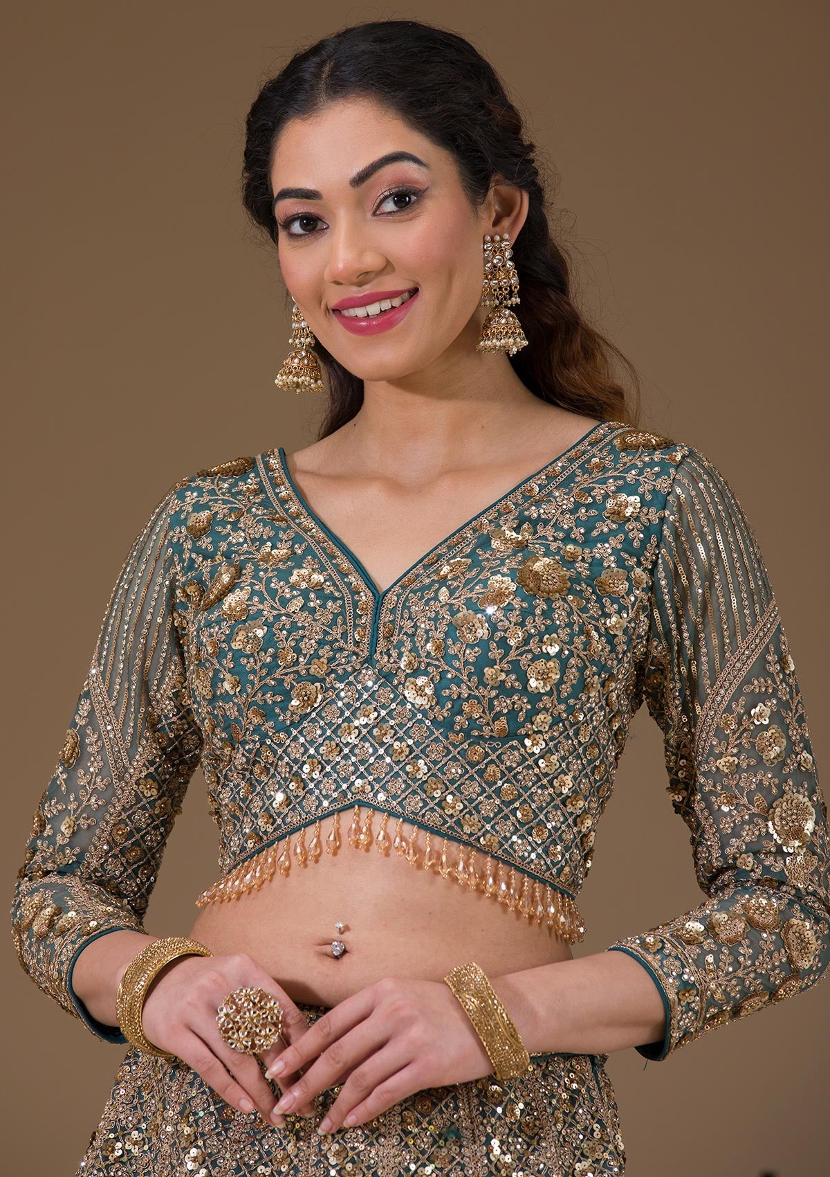 Koskii Turquoise Blue Sequins Net Readymade Lehenga - view 2