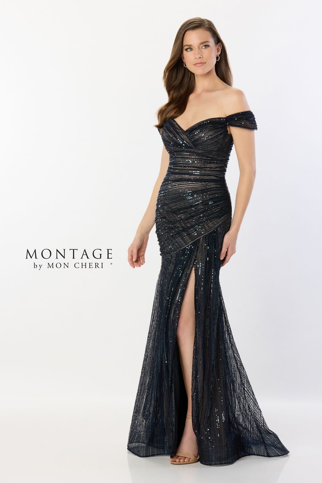 Montage M2240 Sequin Long Split Formal Dress – Navy/Nude