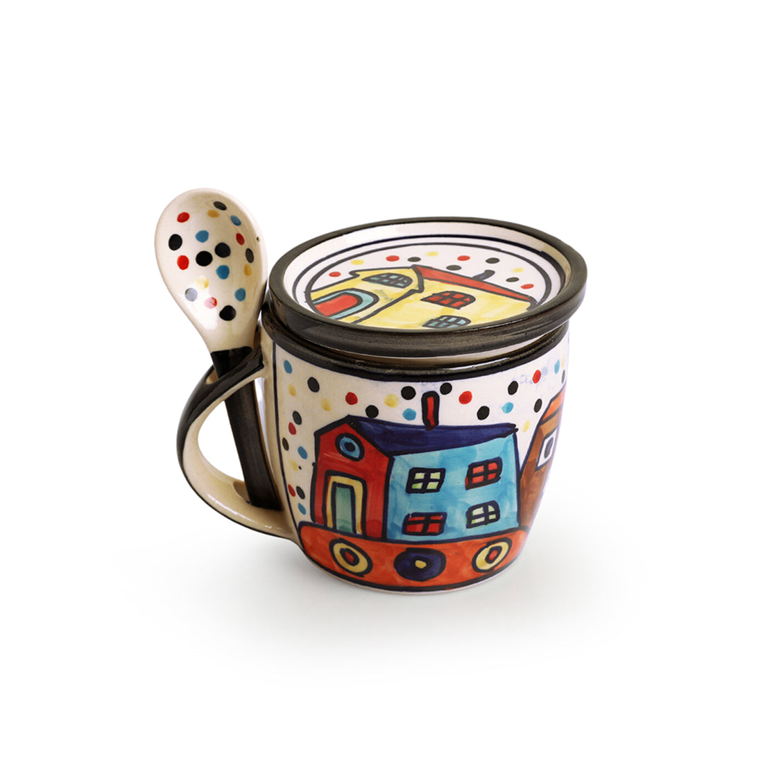 EXCLUSIVELANE 'The Hut Jumbo Cuppas' Hand-Painted Ceramic Soup & Coffee Mug With Coaster And Spoon (300 ml) - view 2