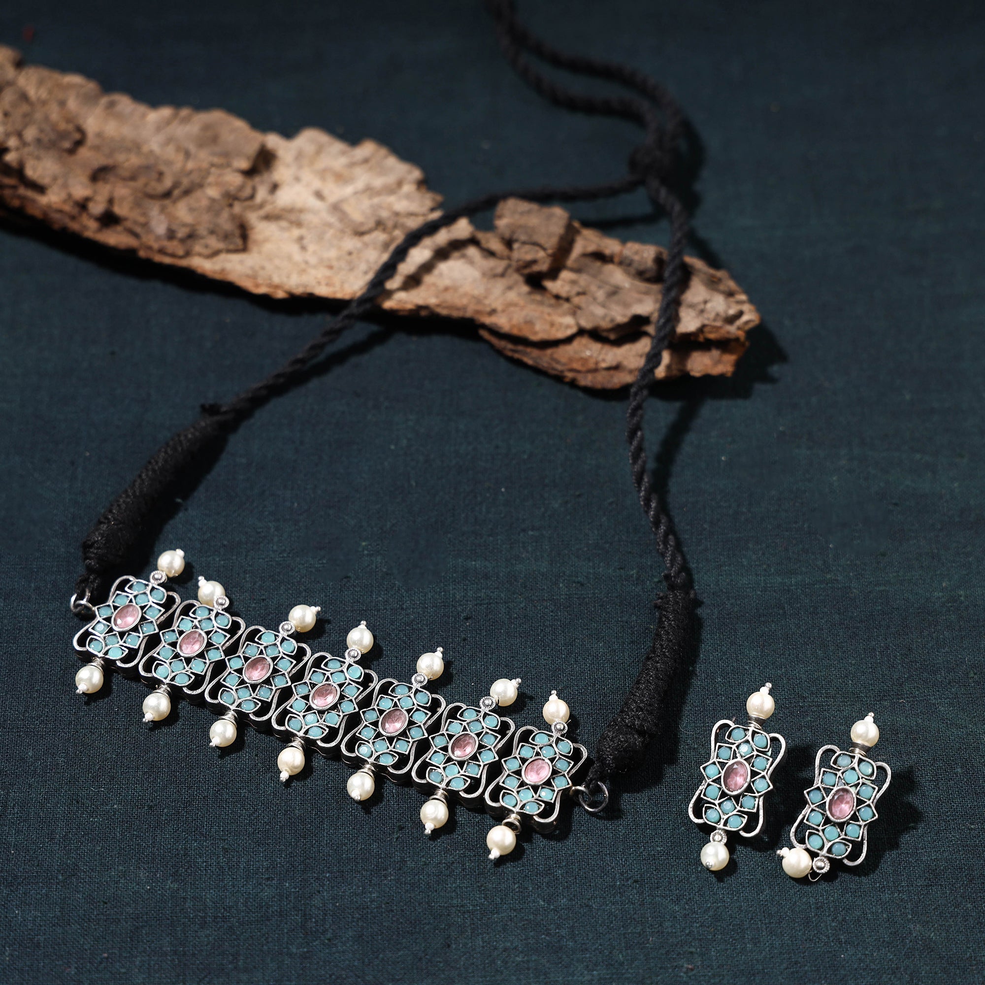 WHITE RIVER STORIES Antique Silver Finish Oxidised Brass Base Stone Work Choker Necklace Set - view 2