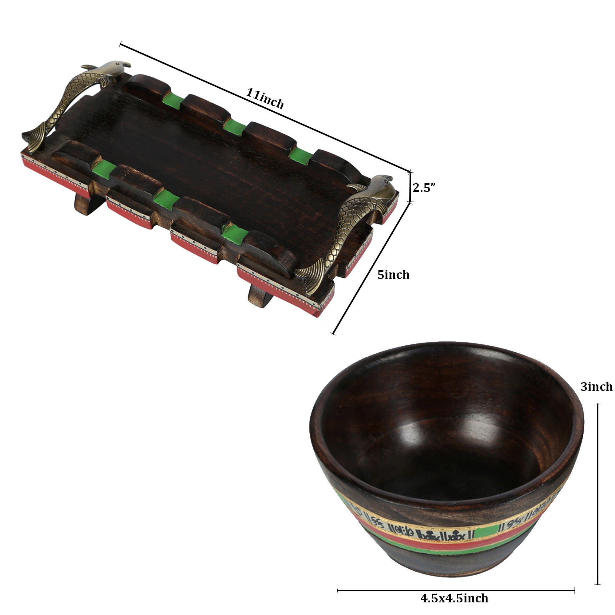 ART CREATIONS BY SUMAN SONTHALIA Brown - Bowls & Tray in Wood Hand-painted, Fish Handles So3 (11x5) - view 5