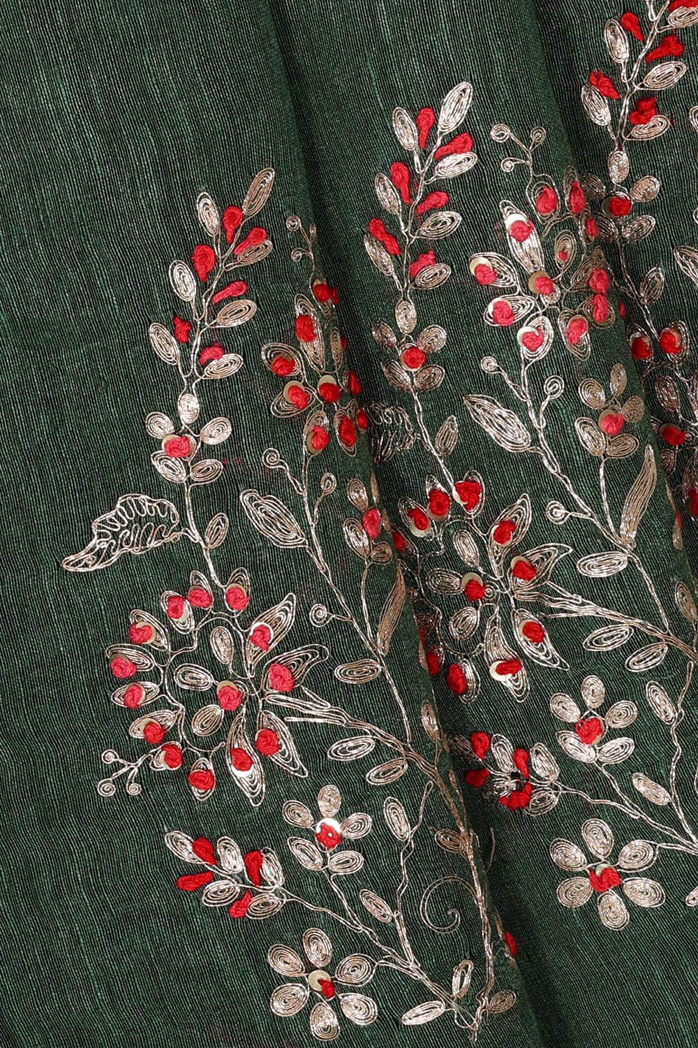 Kalanjali Embroidered Tussar Silk Bottle Green Saree - view 2