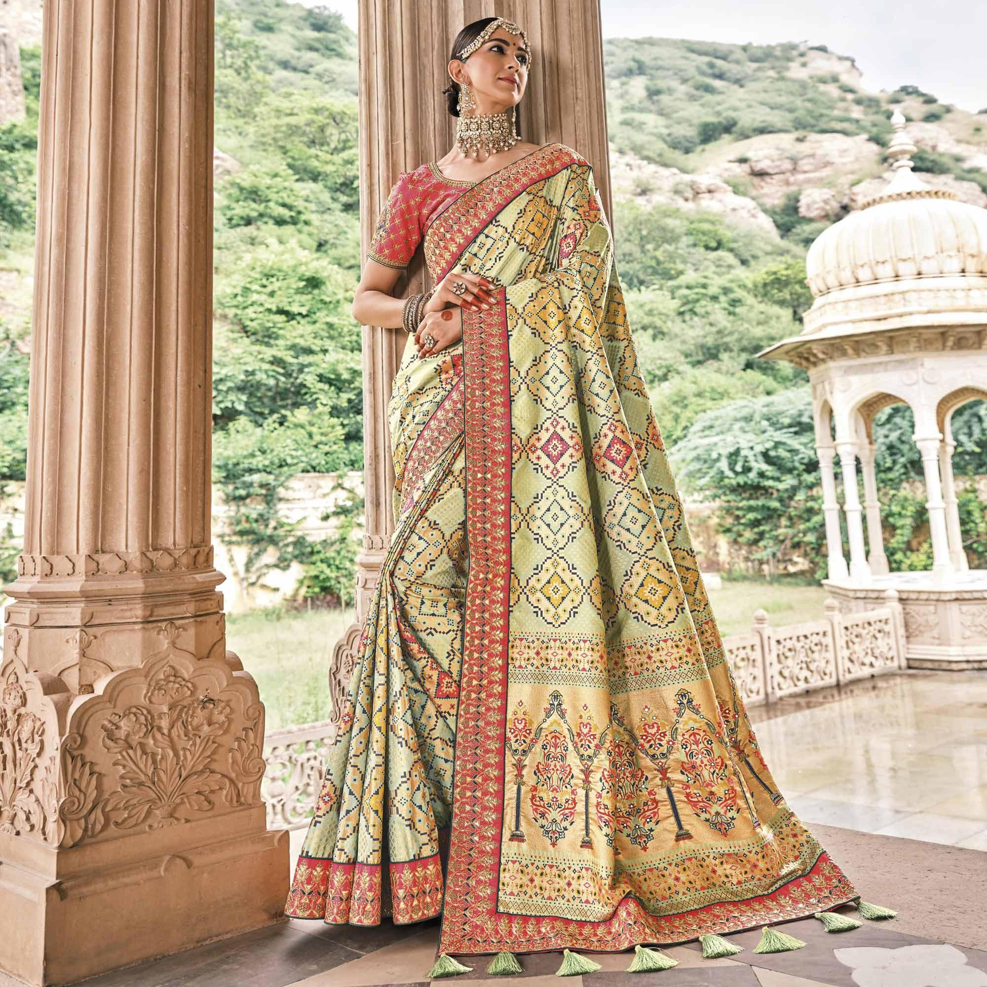 Peachmode Light Green Festive Wear Plain & Hand Work Pure Silk Saree