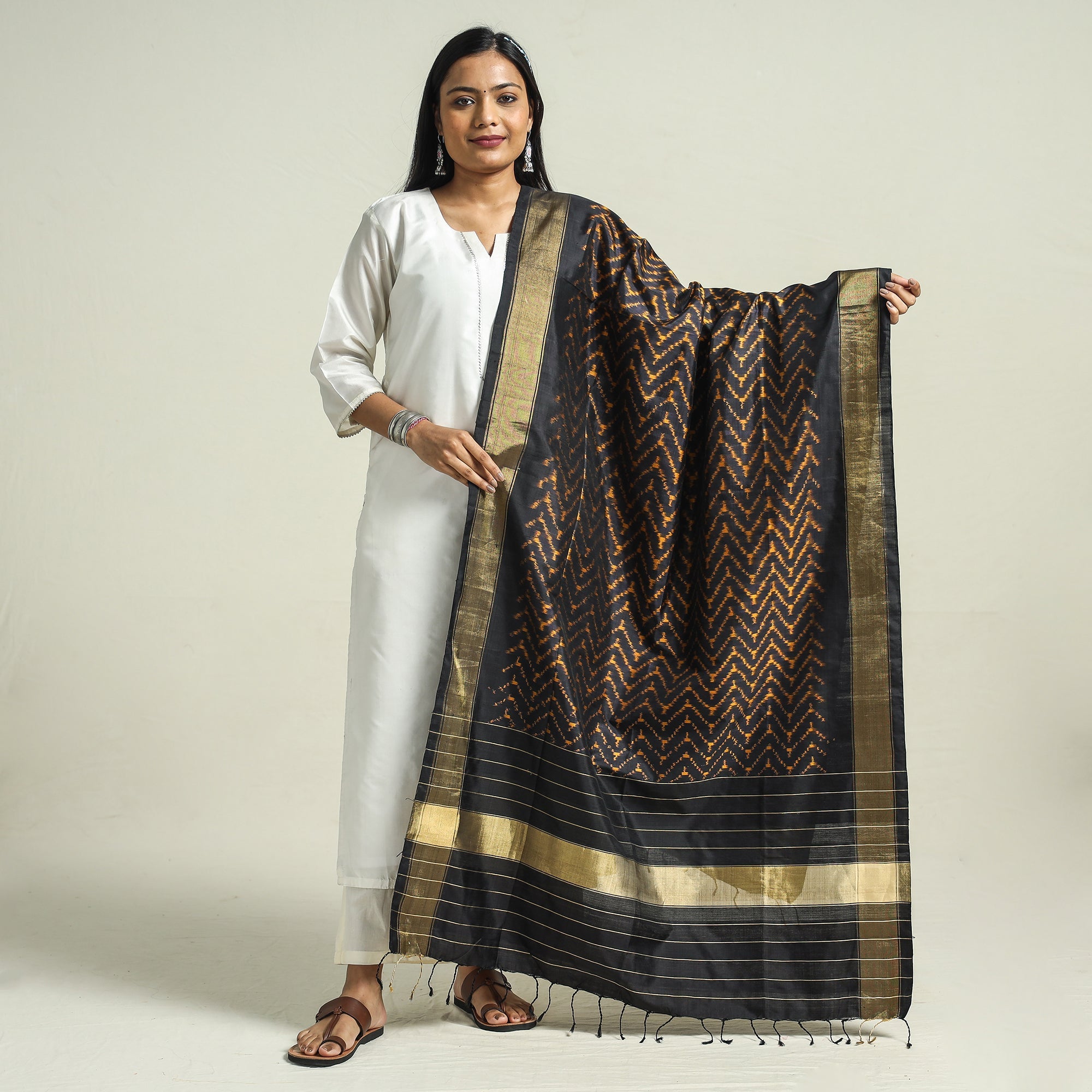 IKAT WEAVES BY EDEM CHANDANA Black - Handwoven Pochampally Ikat Pure Mulberry Silk Dupatta with Tassels