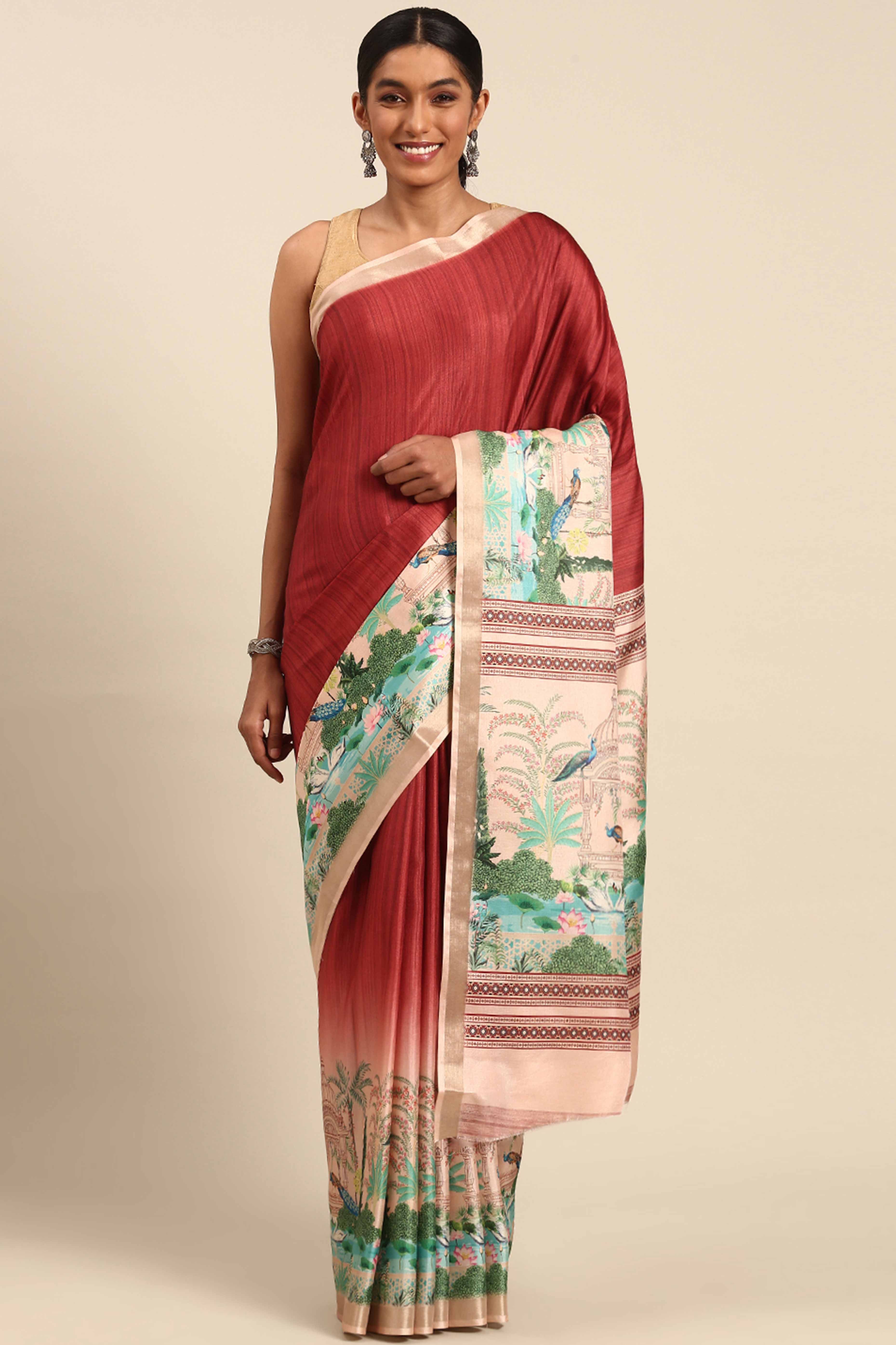 Peachmode Maroon Digital Printed Cotton Silk Saree