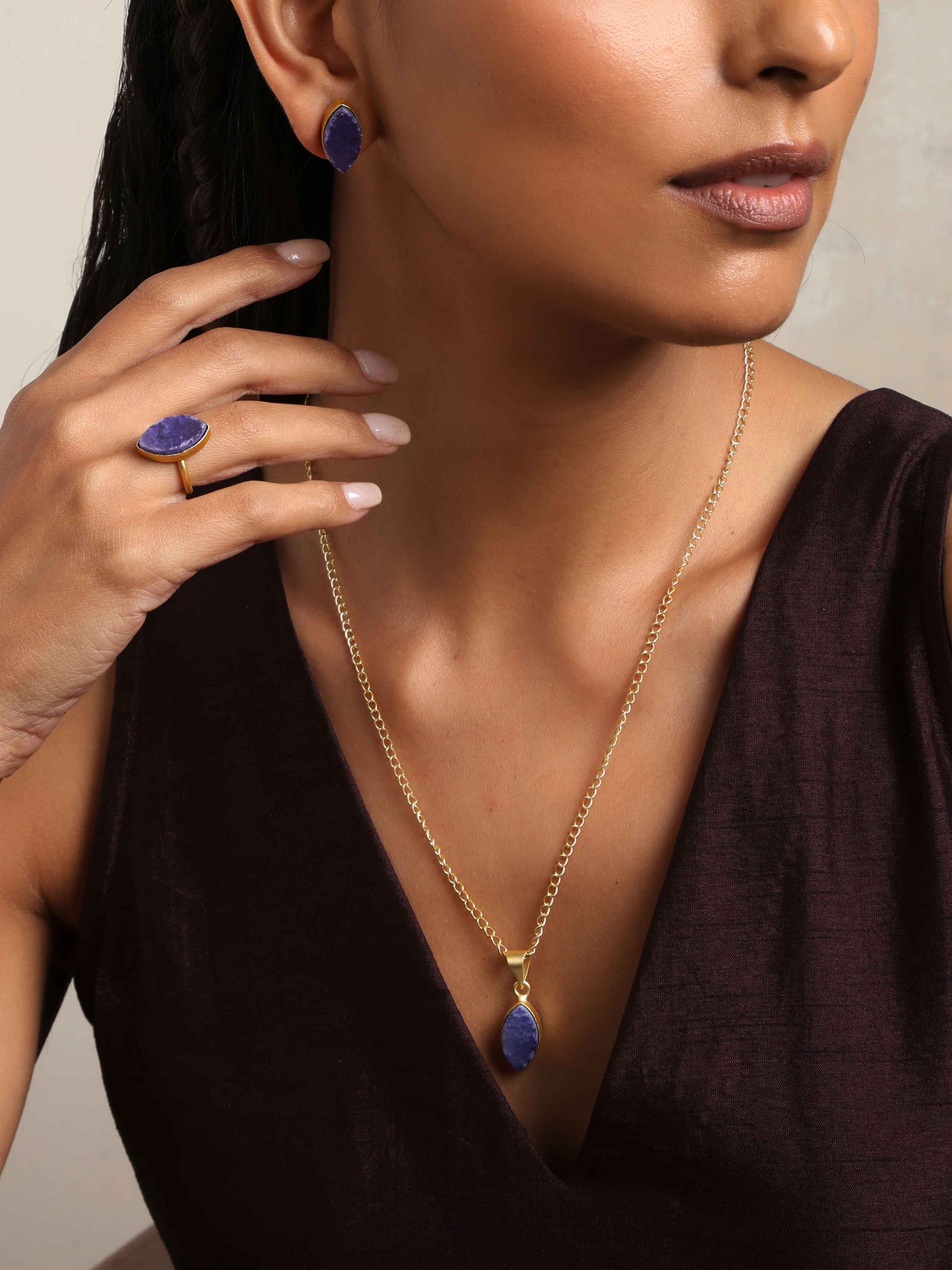 trueBrowns Gold Tone Blue Stone Pendant Set - view 2