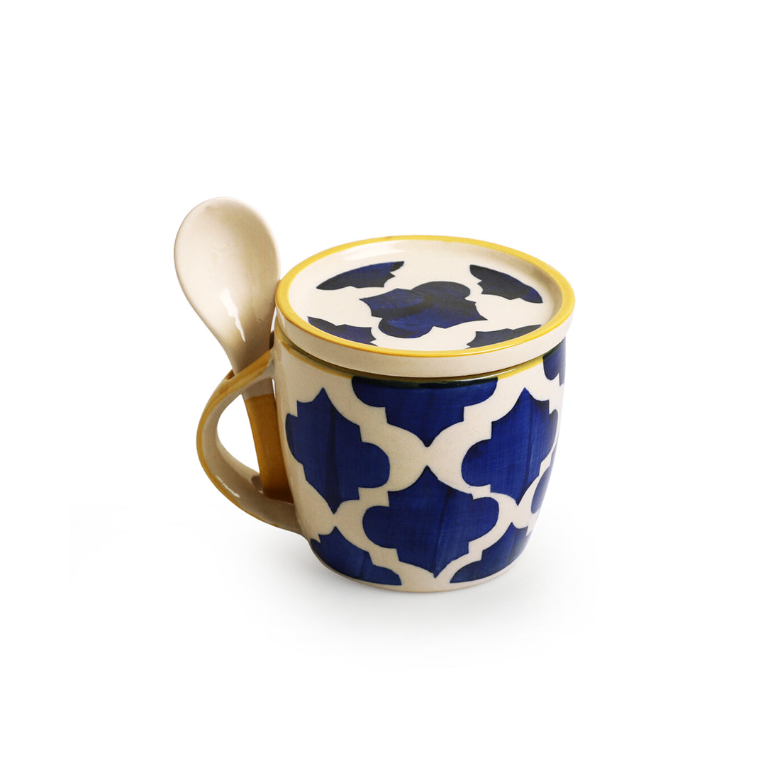 EXCLUSIVELANE Blue - 'Moroccan' Hand-Painted Ceramic Soup & Coffee Mug With Coaster And Spoon (300 ml) - view 2