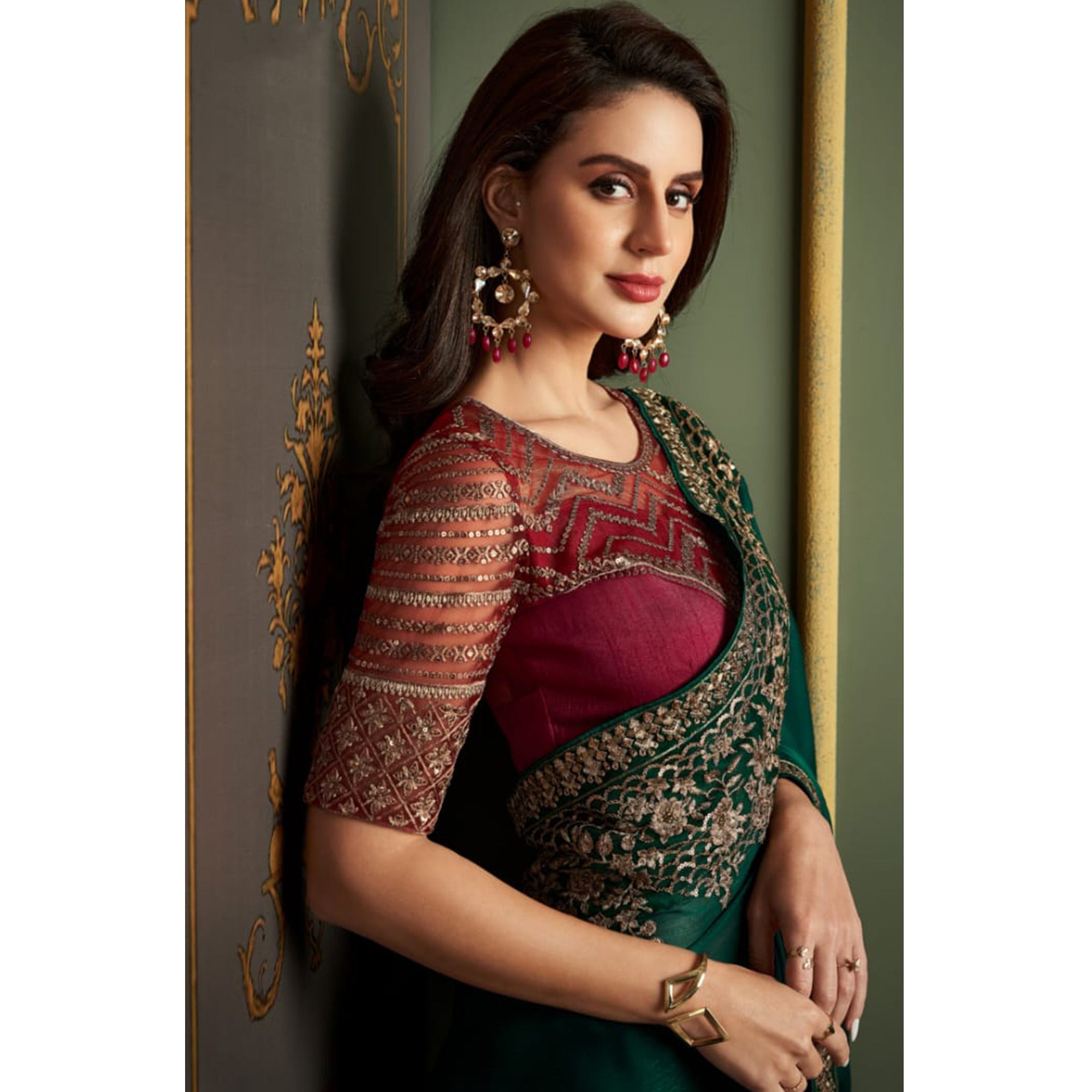 Peachmode Bottle Green Floral Sequins Embroidered Satin Saree - view 4