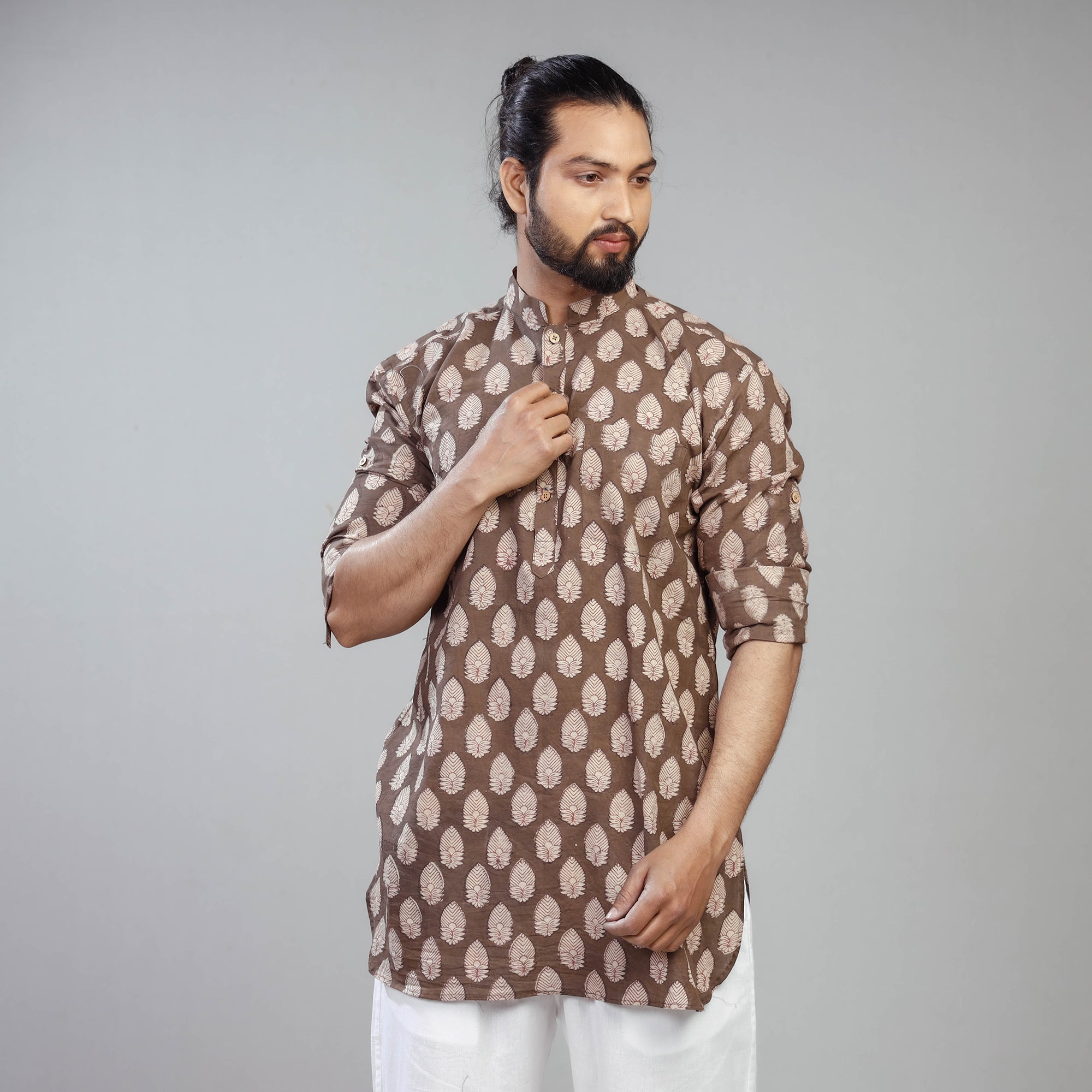 ITOKRI CASUALS Brown - Akola Block Printed Cotton Men Short Kurta - view 3
