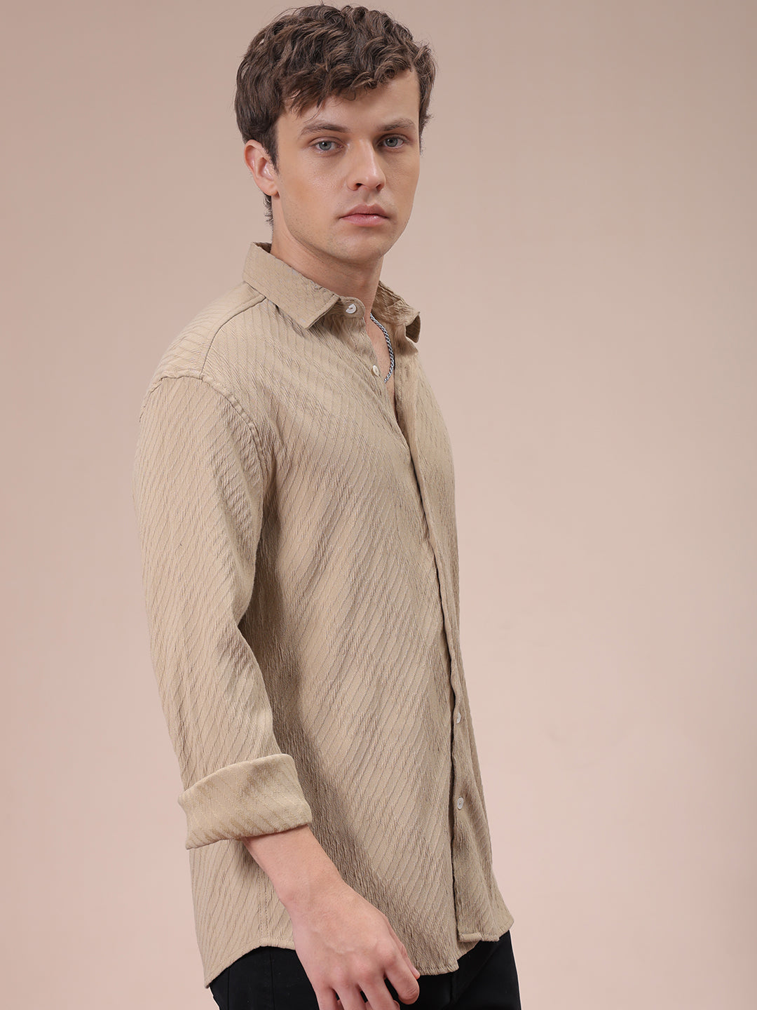 The Indian Garage Co Men's Khaki Slim Fit Textured Shirt - view 5