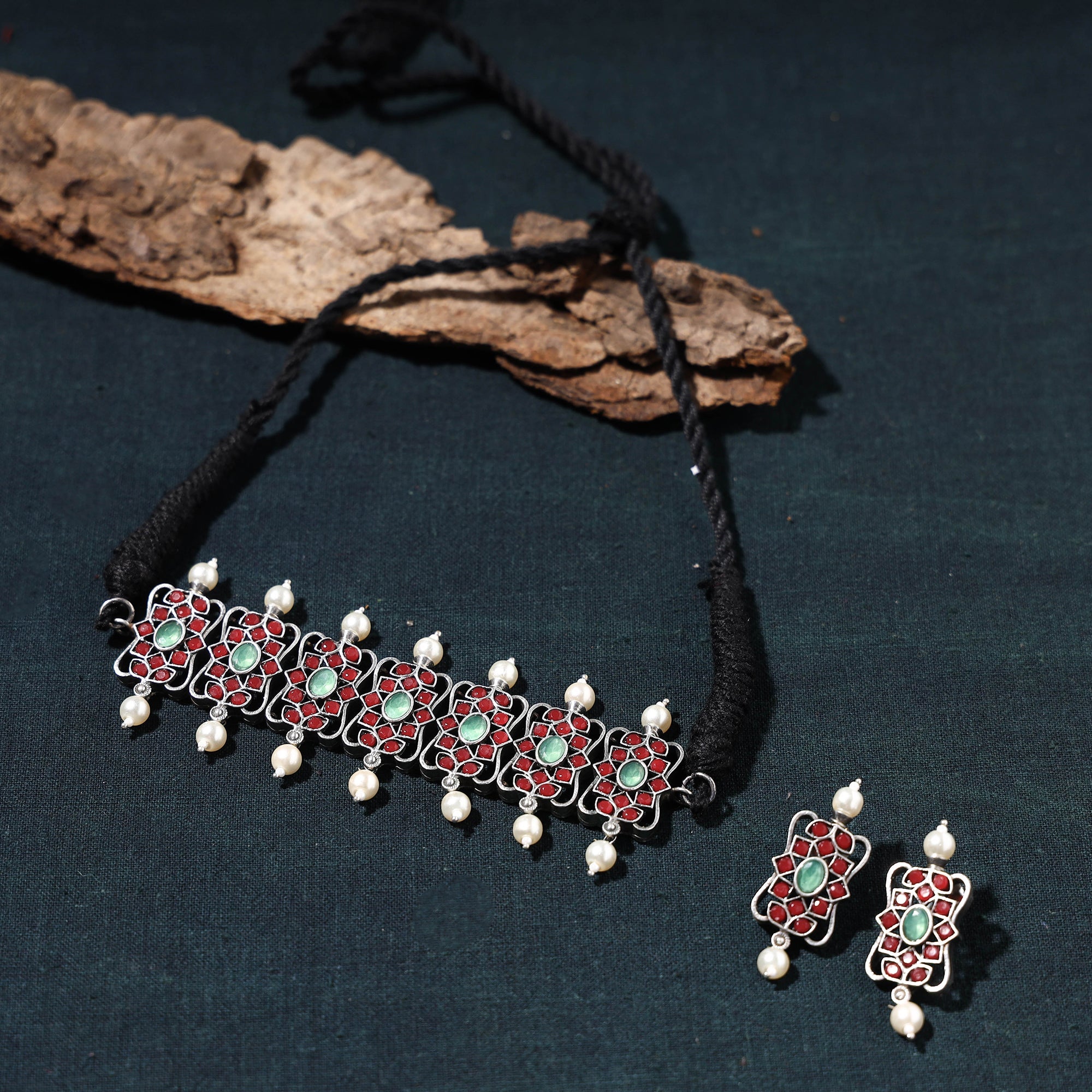 WHITE RIVER STORIES Antique Silver Finish Oxidised Brass Base Stone Work Choker Necklace Set - view 2