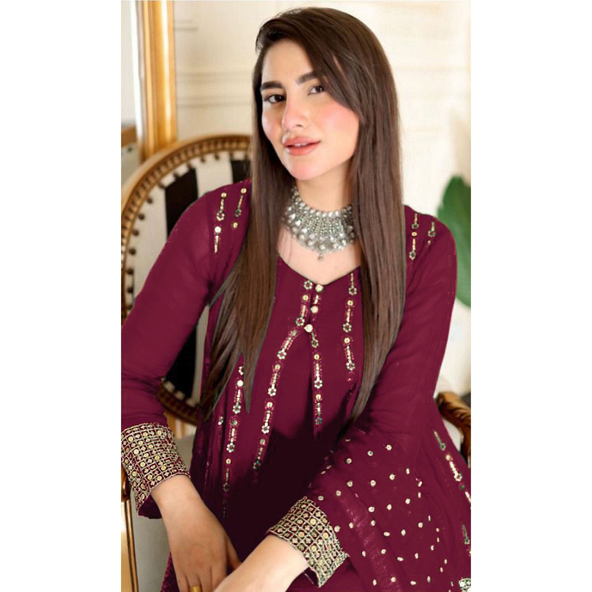Peachmode Maroon Sequins Embroidered Georgette Pakistani Suit - view 4
