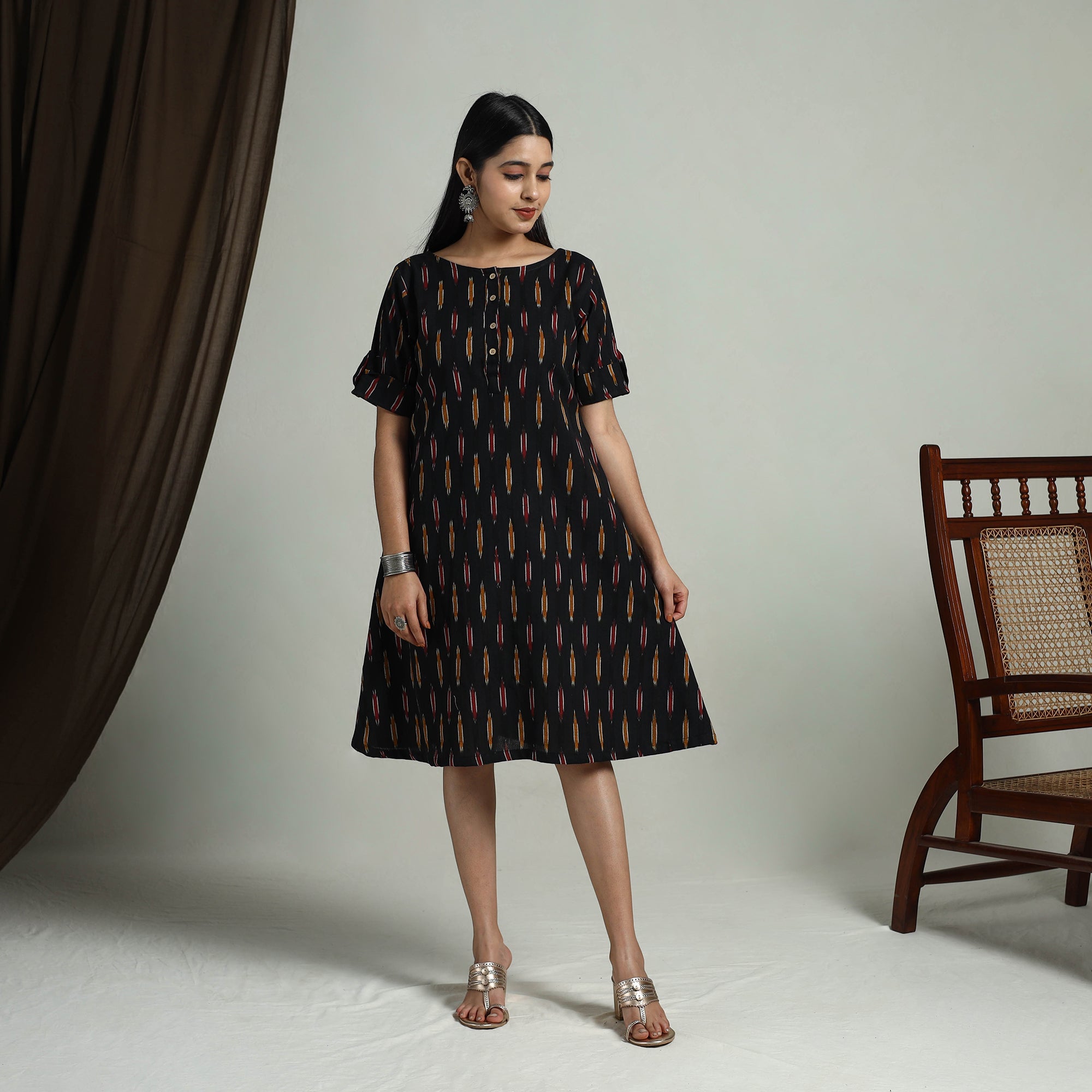 ITOKRI CASUALS Black - Flared Cotton Short Pochampally Ikat Dress 08 - view 2