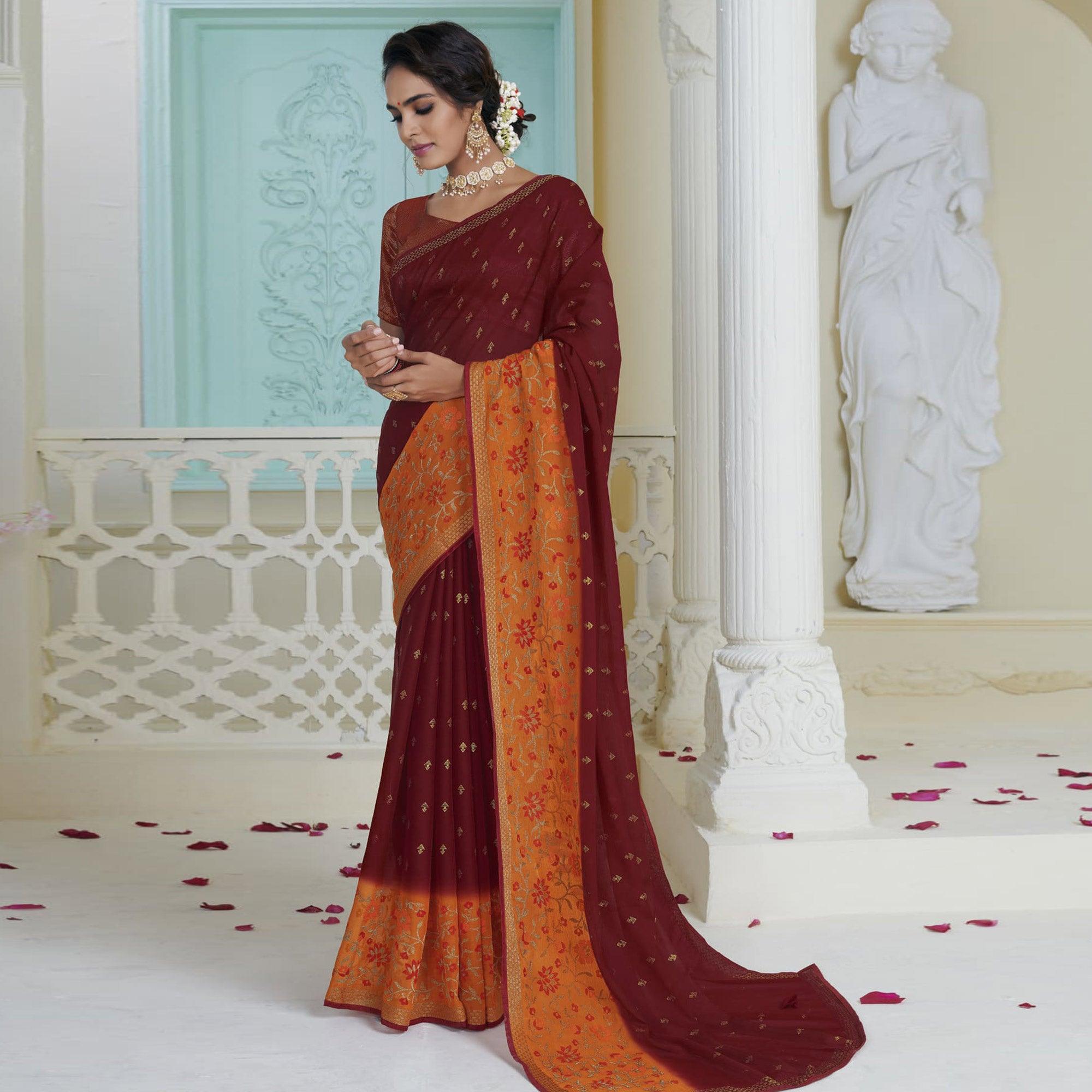Peachmode Maroon Partywear Embroidered Chiffon Saree