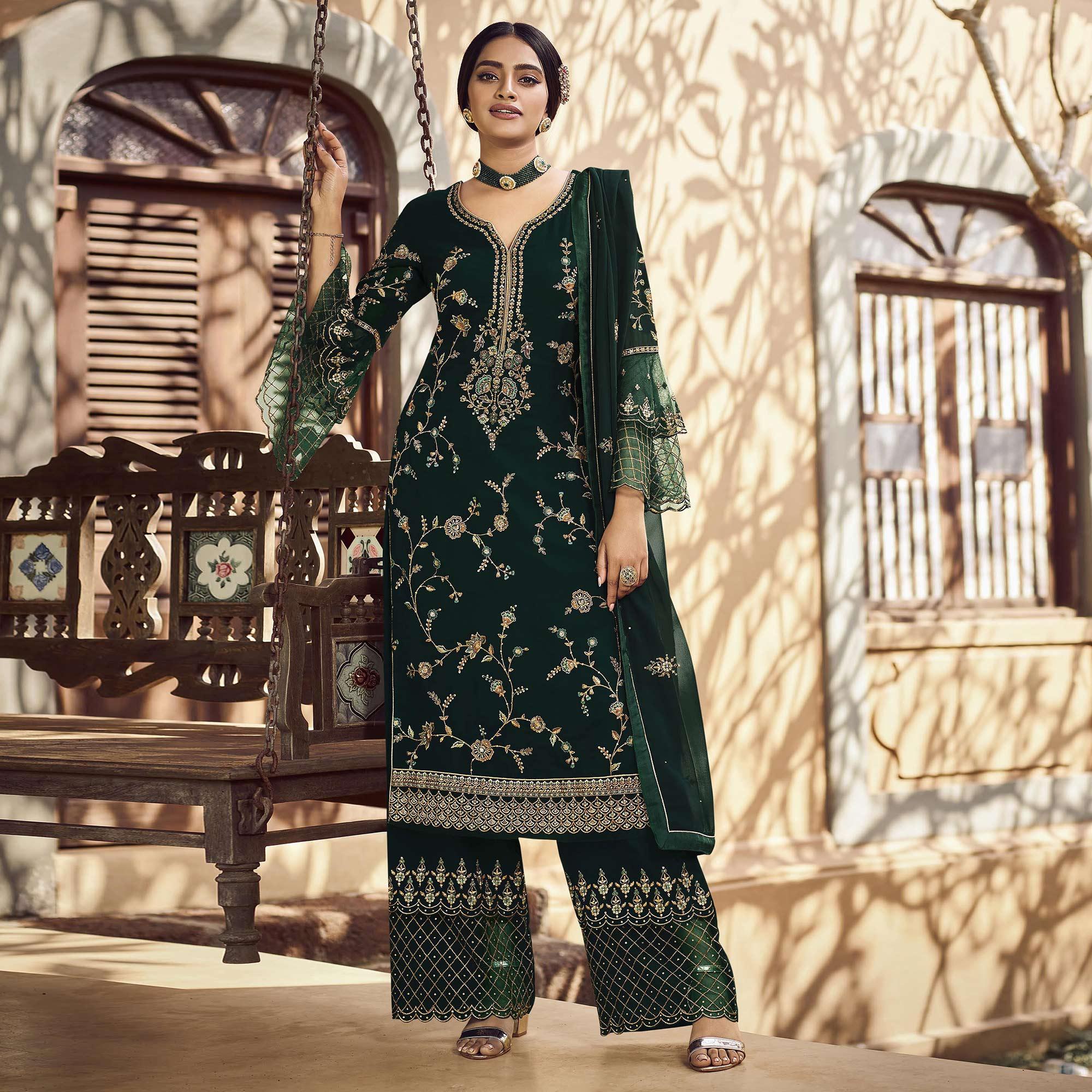 Peachmode Festive Wear Green Floral Embroidery work Faux Georgette Straight Cut palazzo Suit