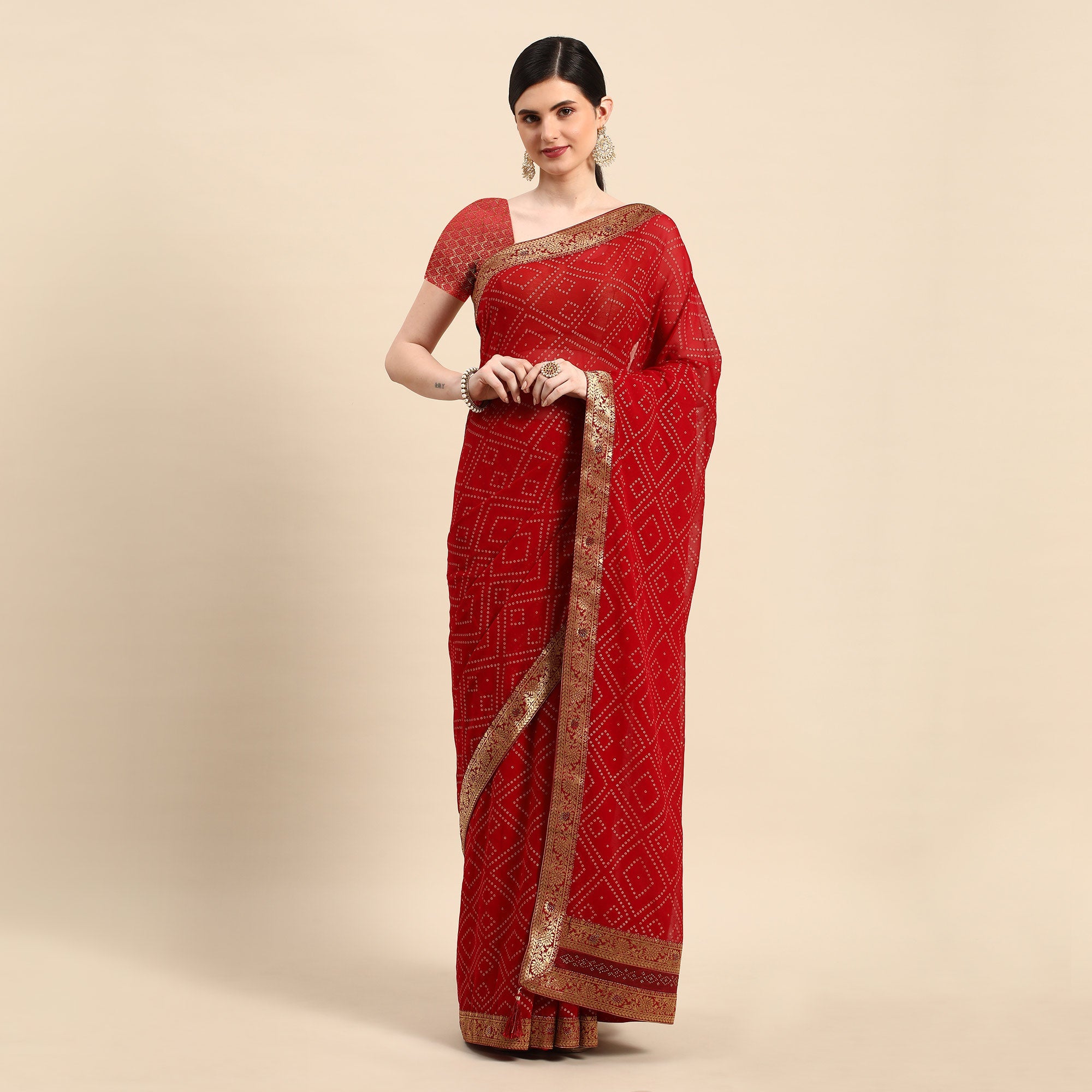 Peachmode Dark Red Foil Printed With Swarovski Georgette Saree - view 2