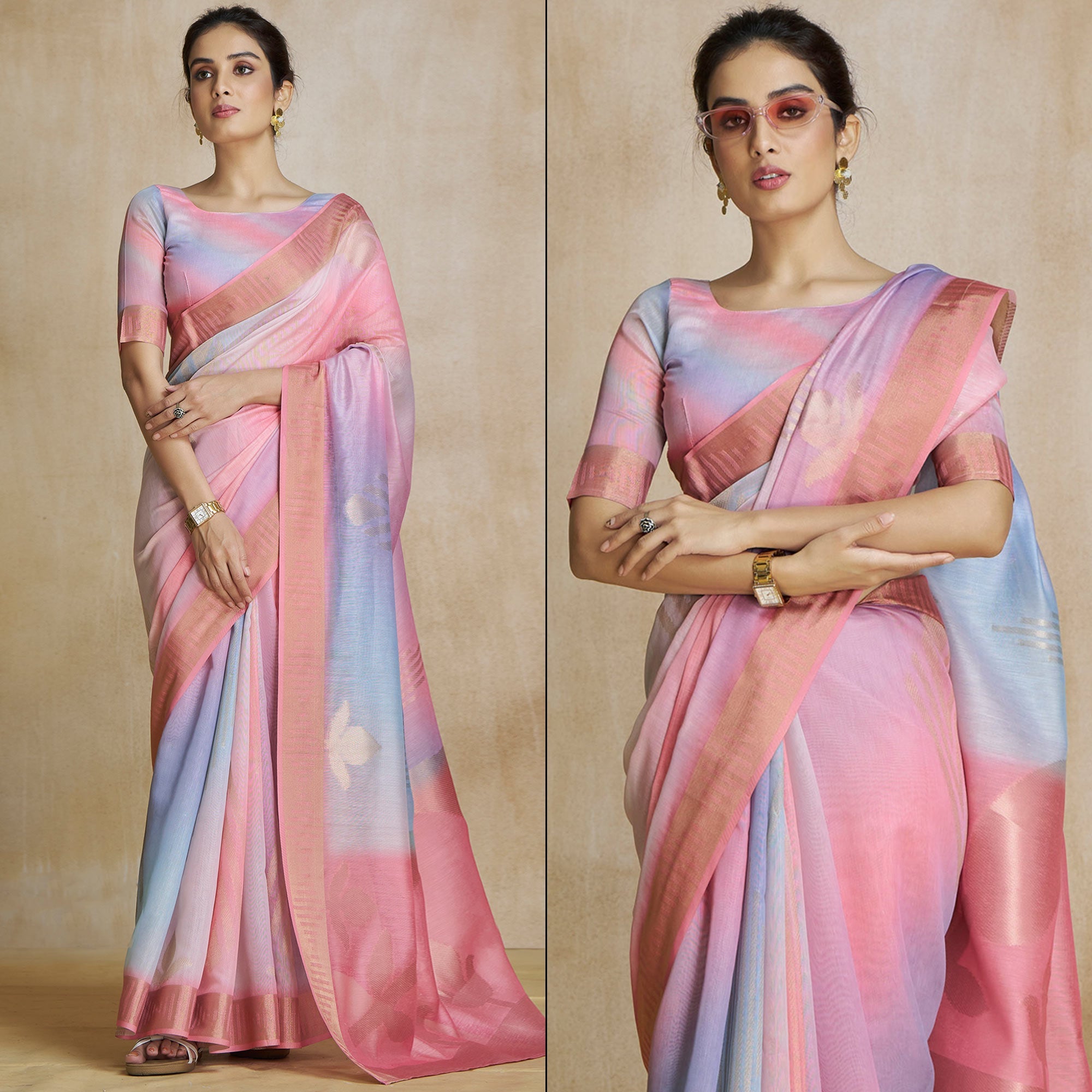 Peachmode Pink Digital Printed With Woven Pure Silk Ombre Saree