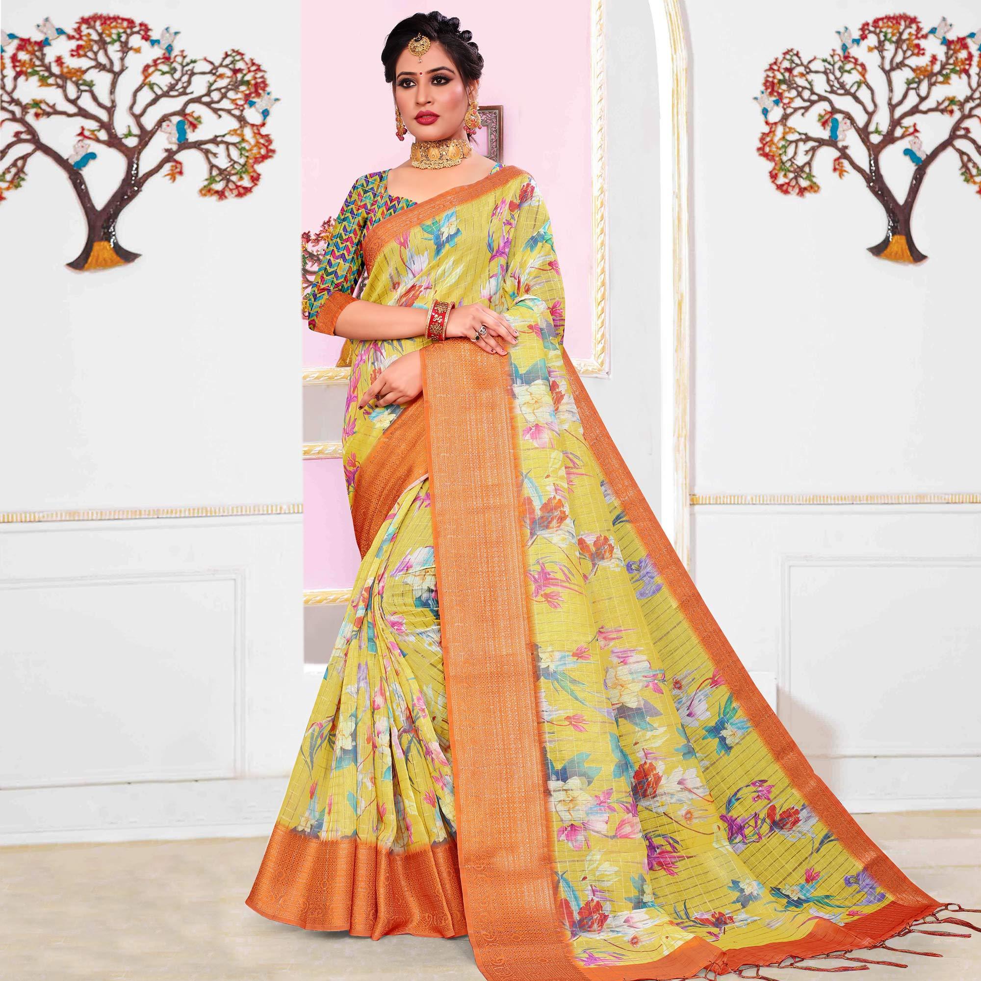Peachmode Imposing Yellow Colored Festive Wear Digital Printed Linen Saree