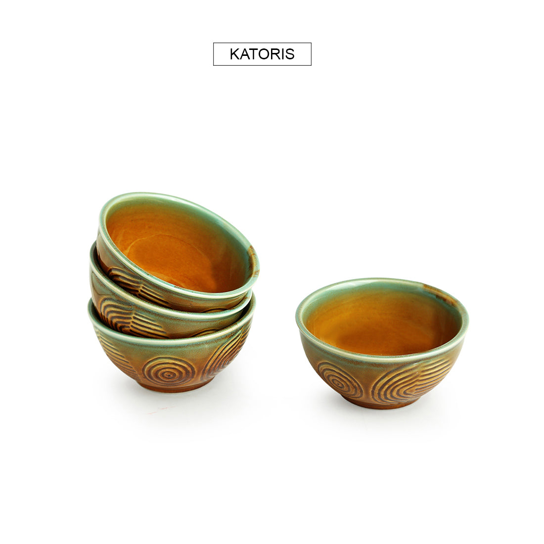 EXCLUSIVELANE Brown 'Peacock Boulevard' Hand-Engraved Ceramic Dining Bowl Katoris (Set of 4, 200 ML, Microwave Safe) - view 2
