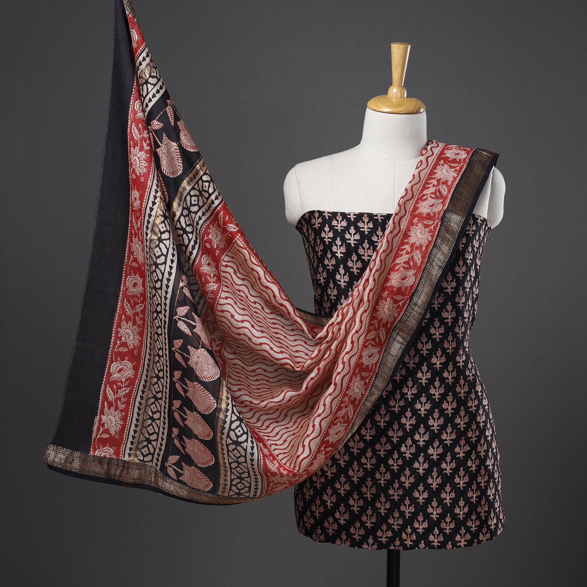 ARTISAN HAND BLOCK PRINTS Black - 3pc Maheshwari Silk Bagru Print Dress Material 18