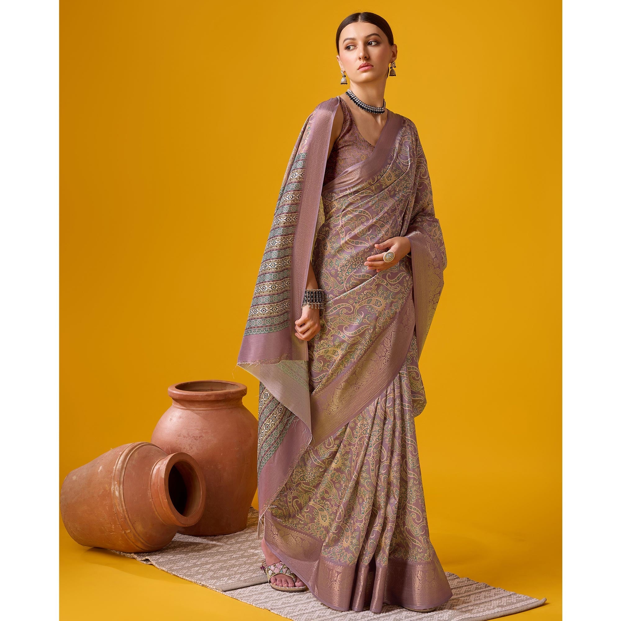 Peachmode Mauve Digital Printed Cotton Silk Saree With Border - view 5