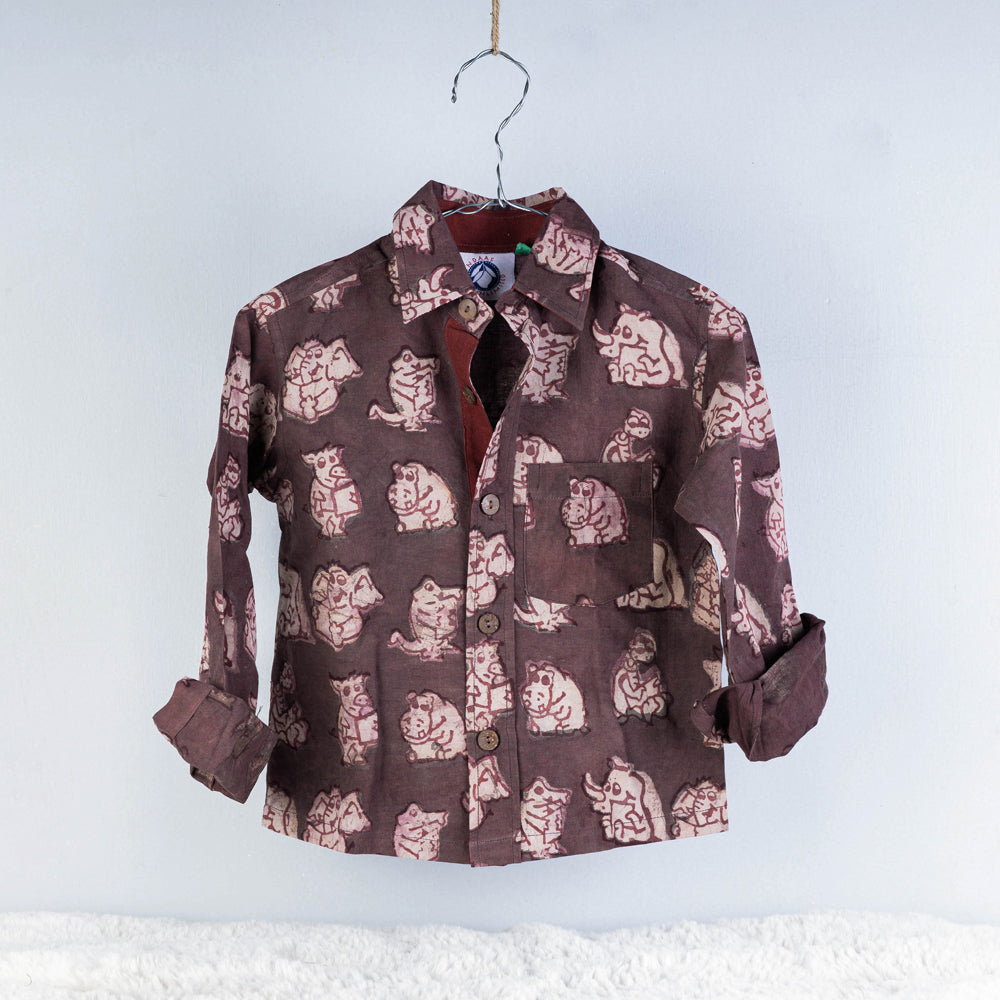 BINDAAS UNLIMITED Brown - Block Art Printed Natural Dyed Cotton Kids Full Sleeve Shirt