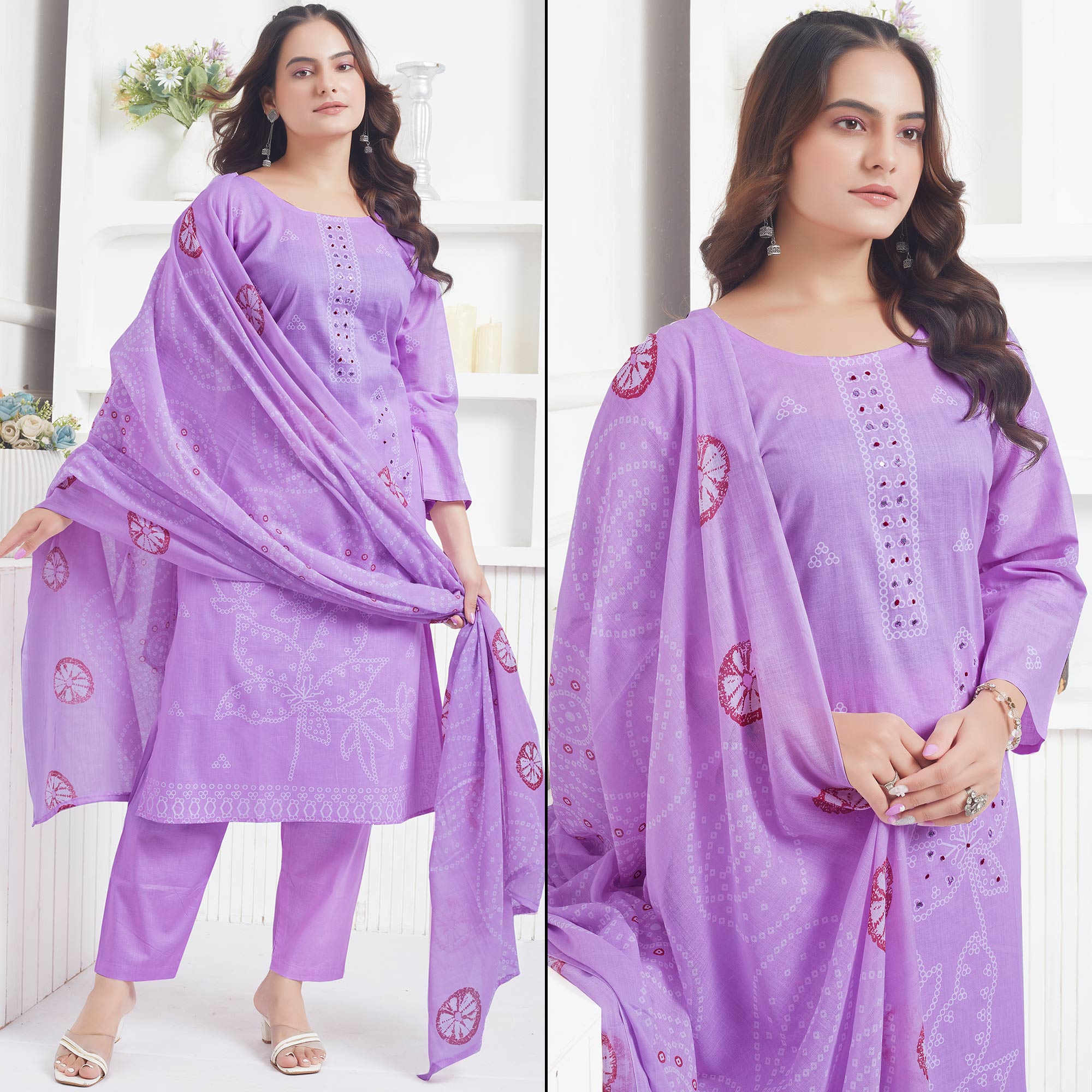 Peachmode Lavender Printed Pure Cotton Salwar Suit With Mirror Work