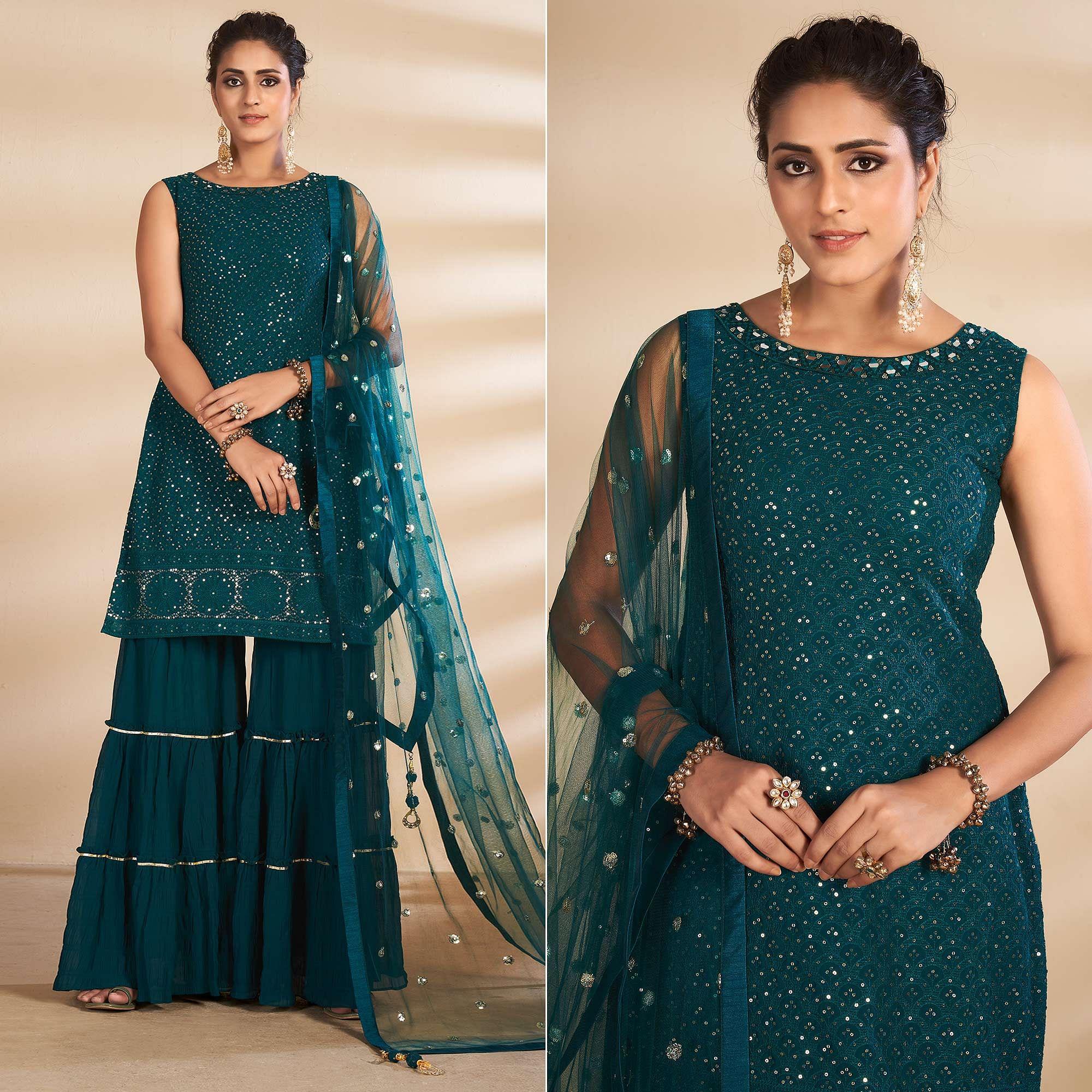 Peachmode Morpich Partywear Embroidered Georgette Sharara Suit