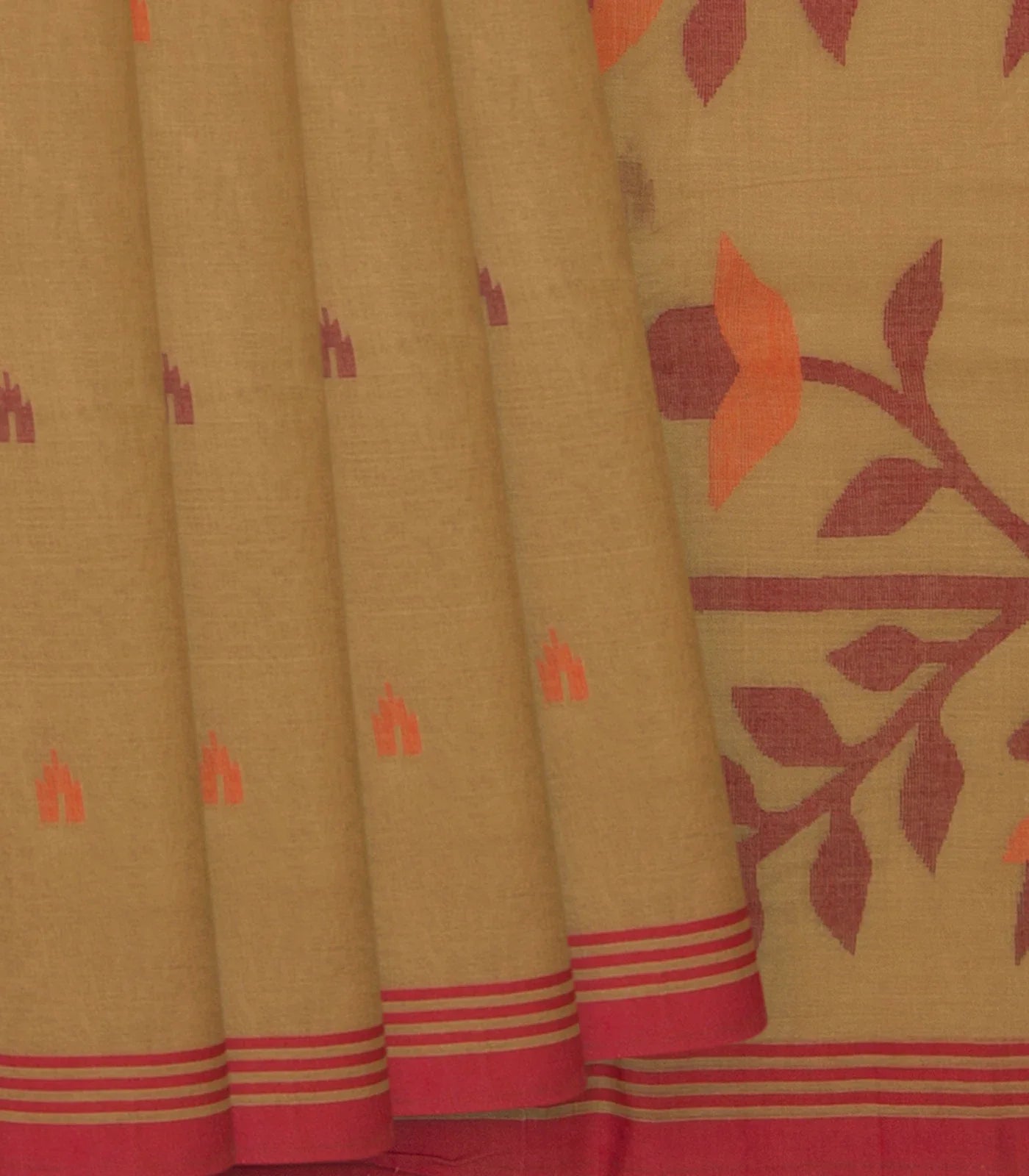 RmKV Beige Handloom Dhakai Cotton Saree With Floral Pallu & Red Border-Beige