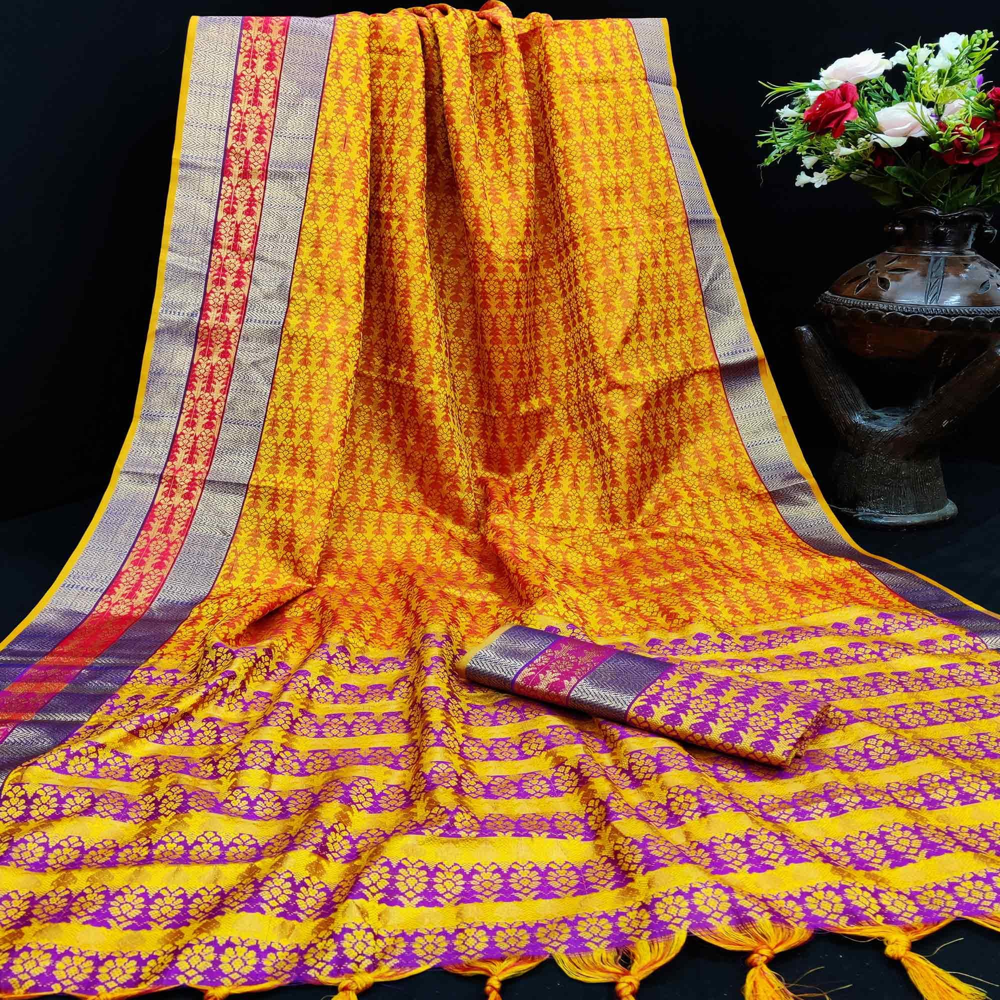 Peachmode Glorious Mustard Colored Festive Wear Woven Jacqaurd Silk Saree