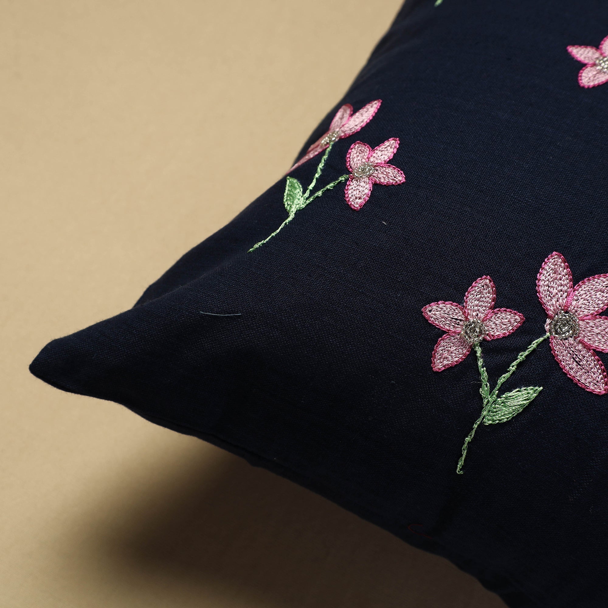 NOORI BAZAR Black - Hand Embroidery Plain Cotton Cushion Cover (16 x 16 in) - view 2