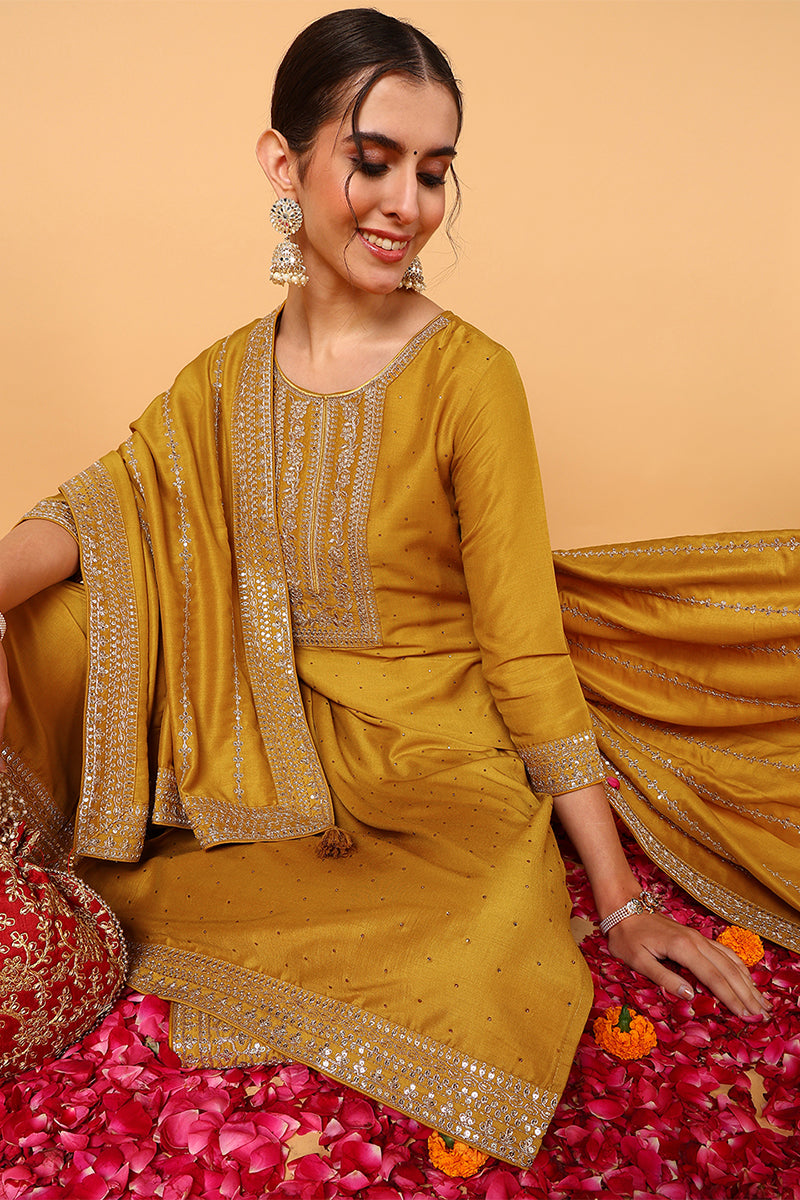 Ahika Mustard Yellow Silk Blend Solid Embroidered Straight Suit Set PKSKD2099 - view 2
