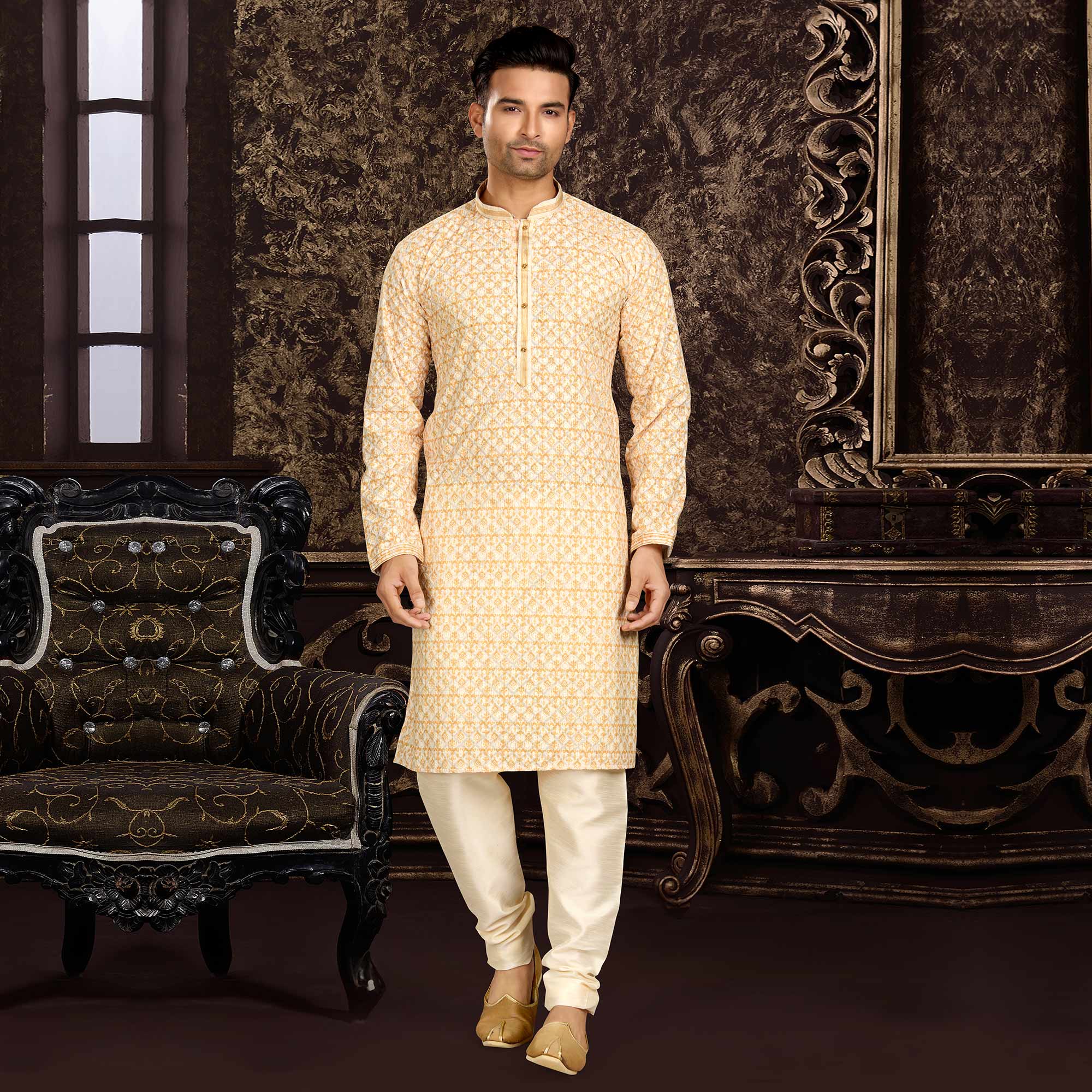 Peachmode Seller Light Yellow Lucknowi And Digital Printed Cotton Kurta Pyjama Set - view 2