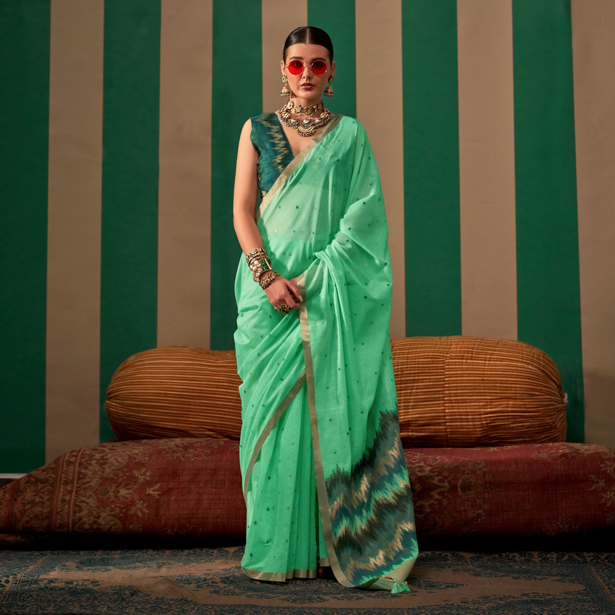 Peachmode Mint Green Woven Cotton Silk Saree – Women's - view 3