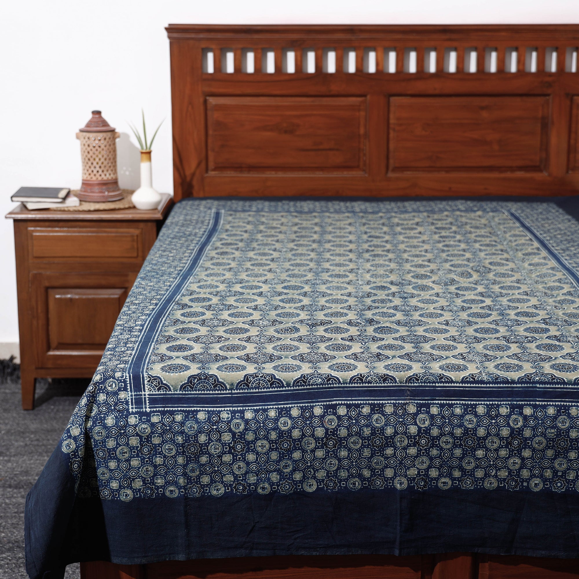 KACHCHH JI CHHAAP Blue - Ajrakh Block Printed Cotton Single Bed Cover (90 x 60 in)