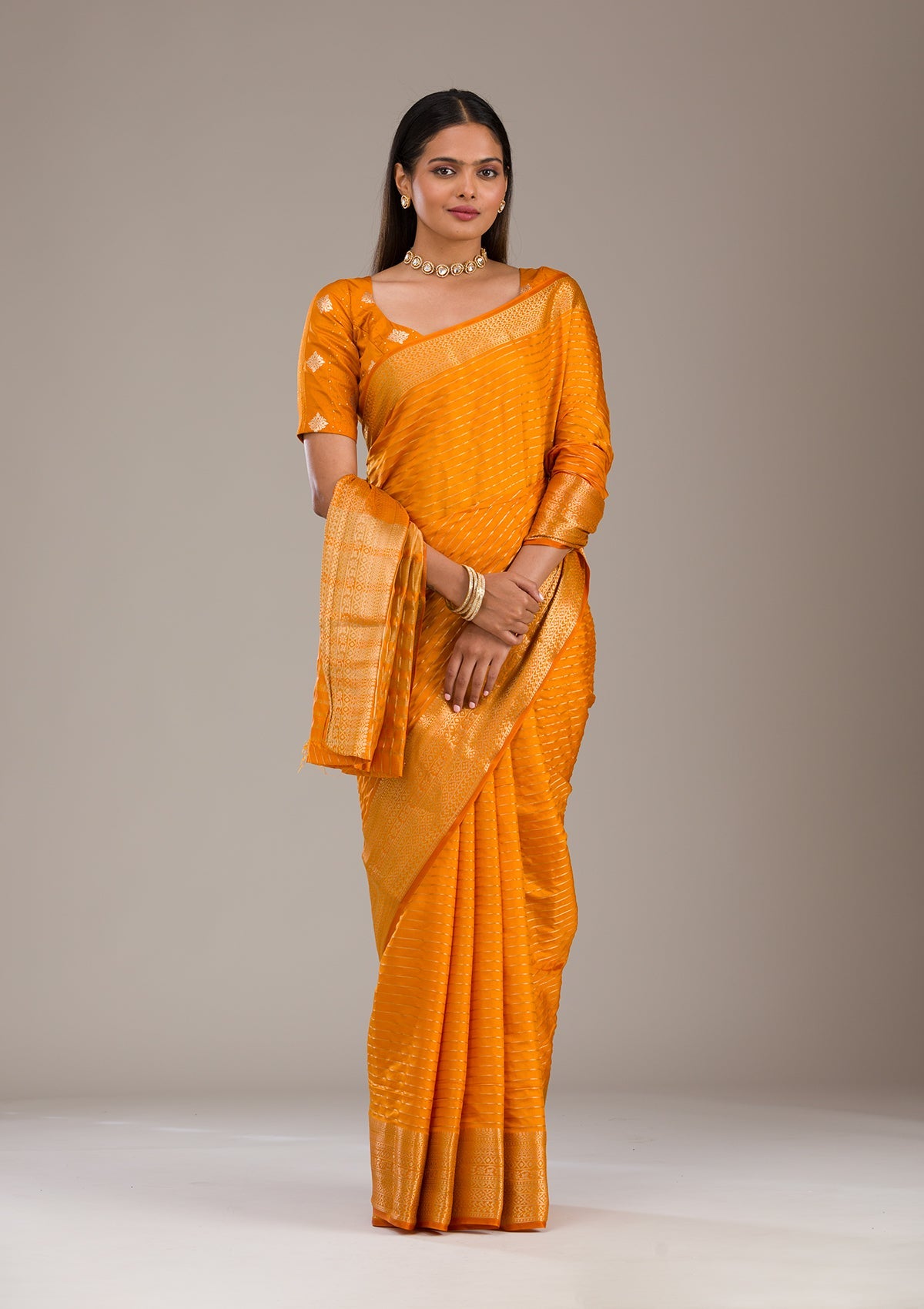 Koskii Orange Zariwork Soft Silk Saree – Women's - view 3