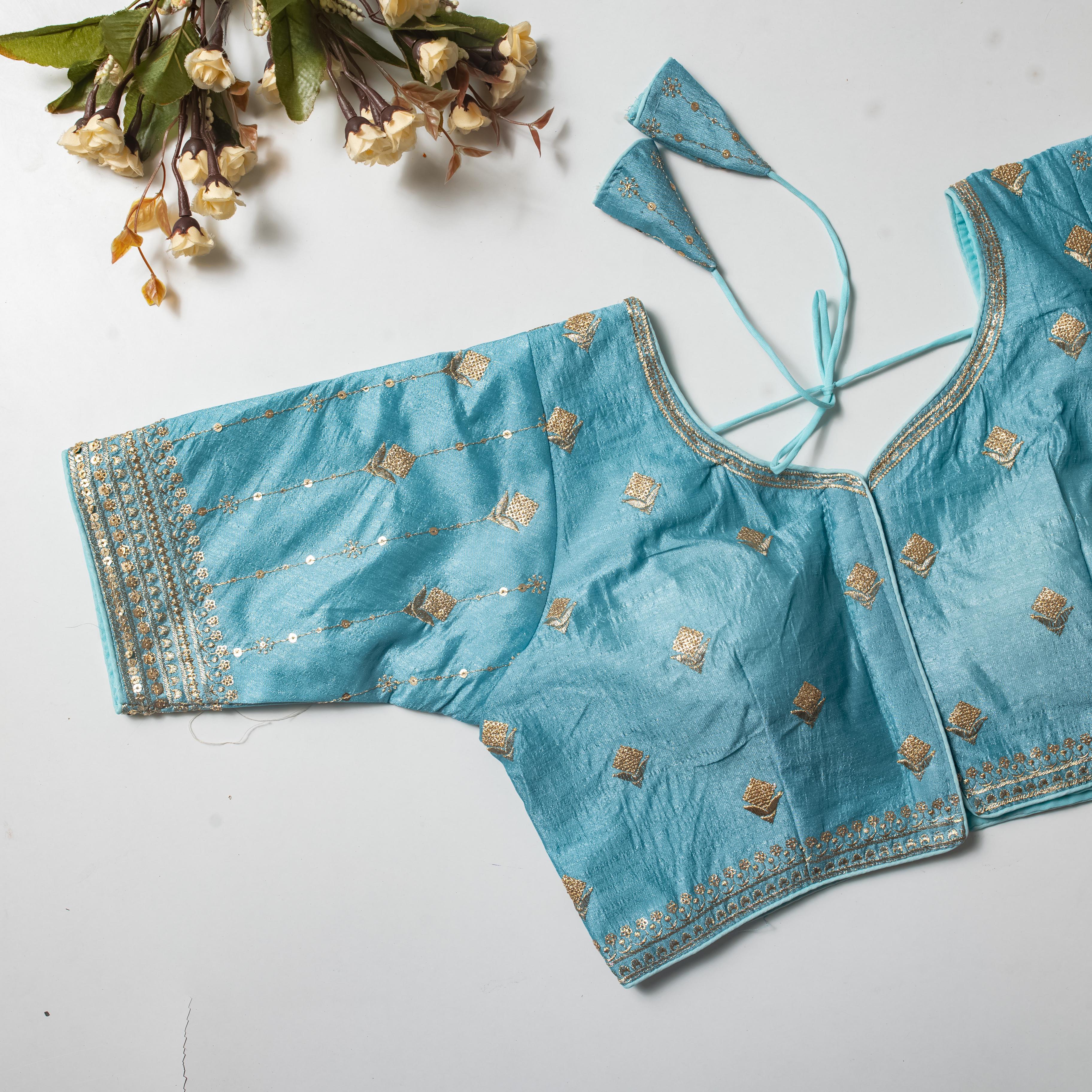 ClothsVilla Sky Blue Golden Embroidered Vibrant Silk Blouse with Sequins - view 2