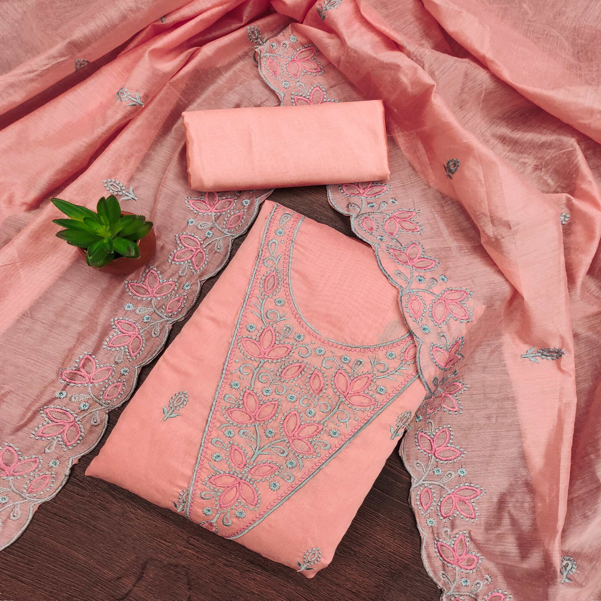 Peachmode Dark Peach Floral Embroidered Chanderi Dress Material