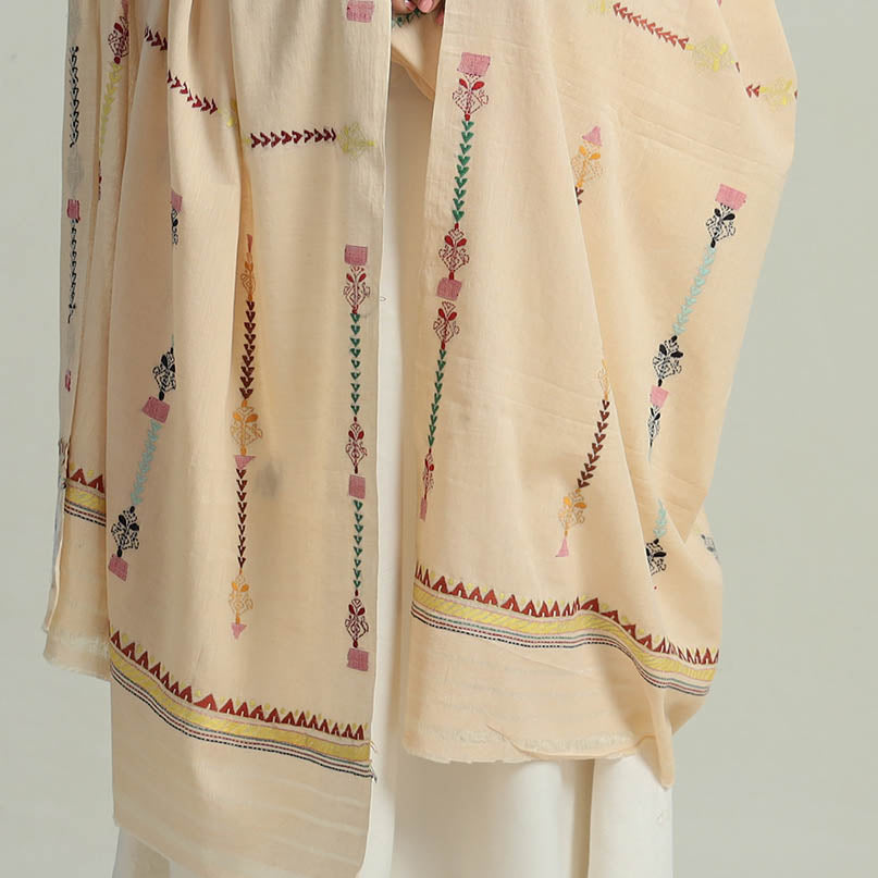 KHUSHBASH - HAPPY LOOM OF EAST Beige - Bengal Kantha Embroidery Silk Cotton Dupatta 05 - view 5