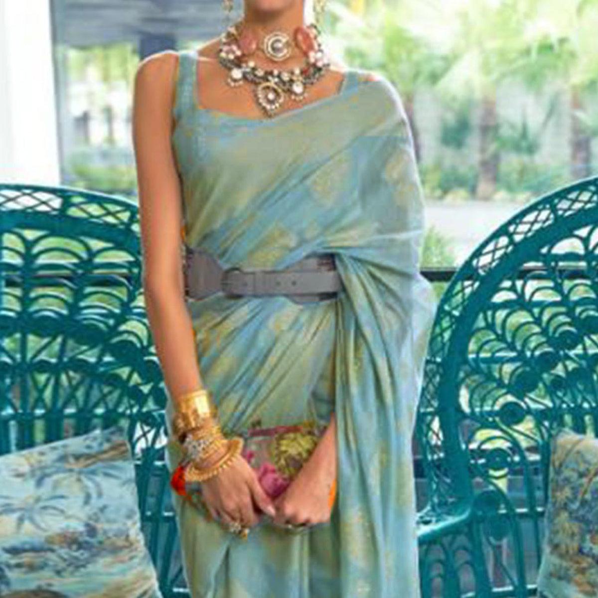 Peachmode Blue Woven-Sequins Handloom Silk Saree - view 3