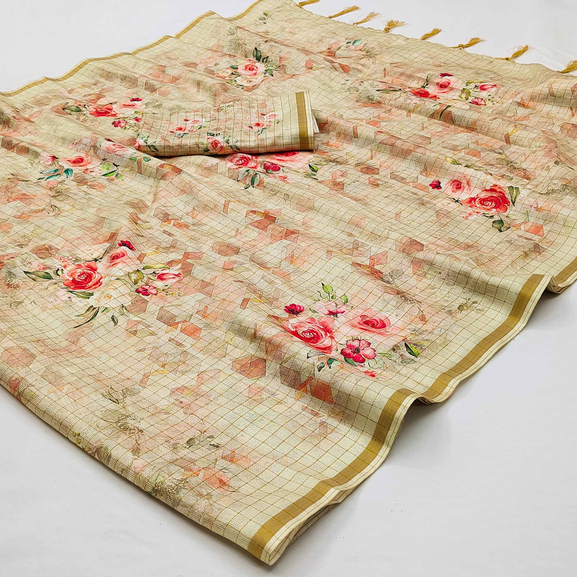 Peachmode Cream Checks Digital Printed Jute Saree